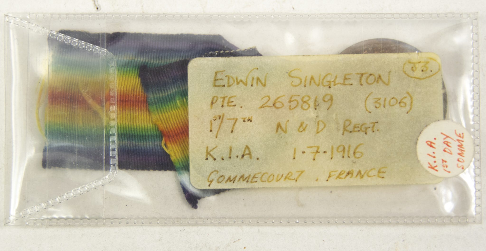 (British Army) First Day of the Somme 1 July 1916 – Victory medal of Private E. Singleton, 265819, 1st7th Bn., Sherwood Foresters (3)