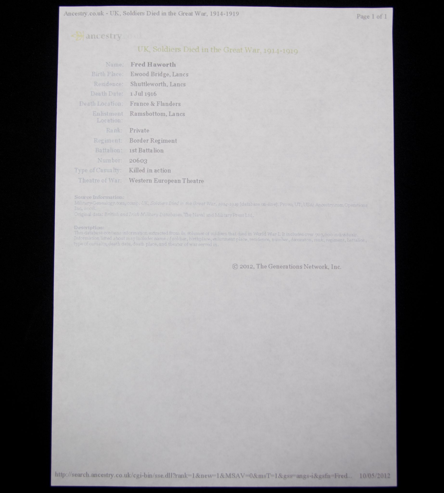 (British Army) First Day of the Somme 1 July 1916 - Victory medal of Private F. Haworth, 20603, 1st Bn., Border Regiment - Image 28