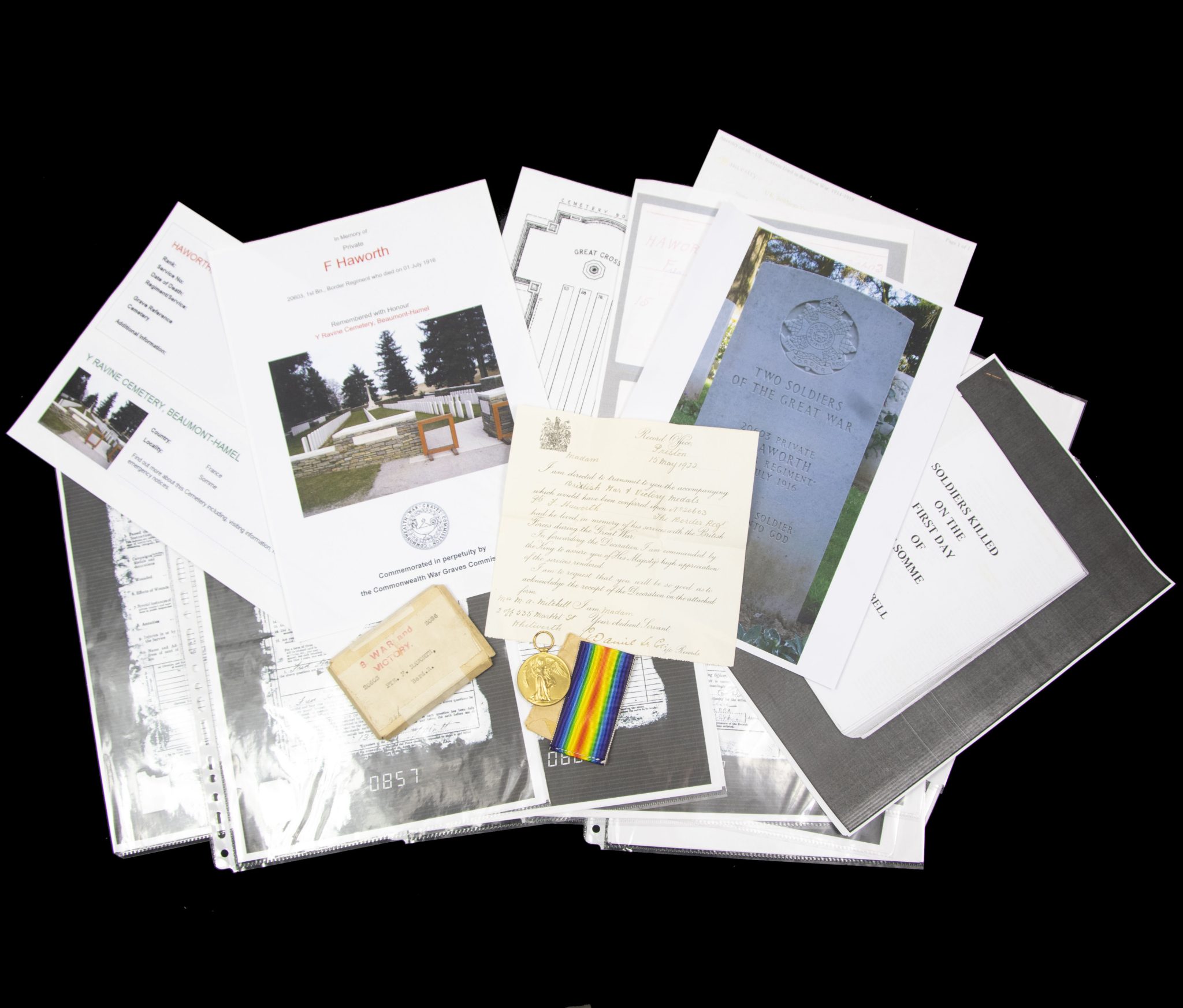 (British Army) First Day of the Somme 1 July 1916 – Victory medal of Private F. Haworth, 20603, 1st Bn., Border Regiment (3)