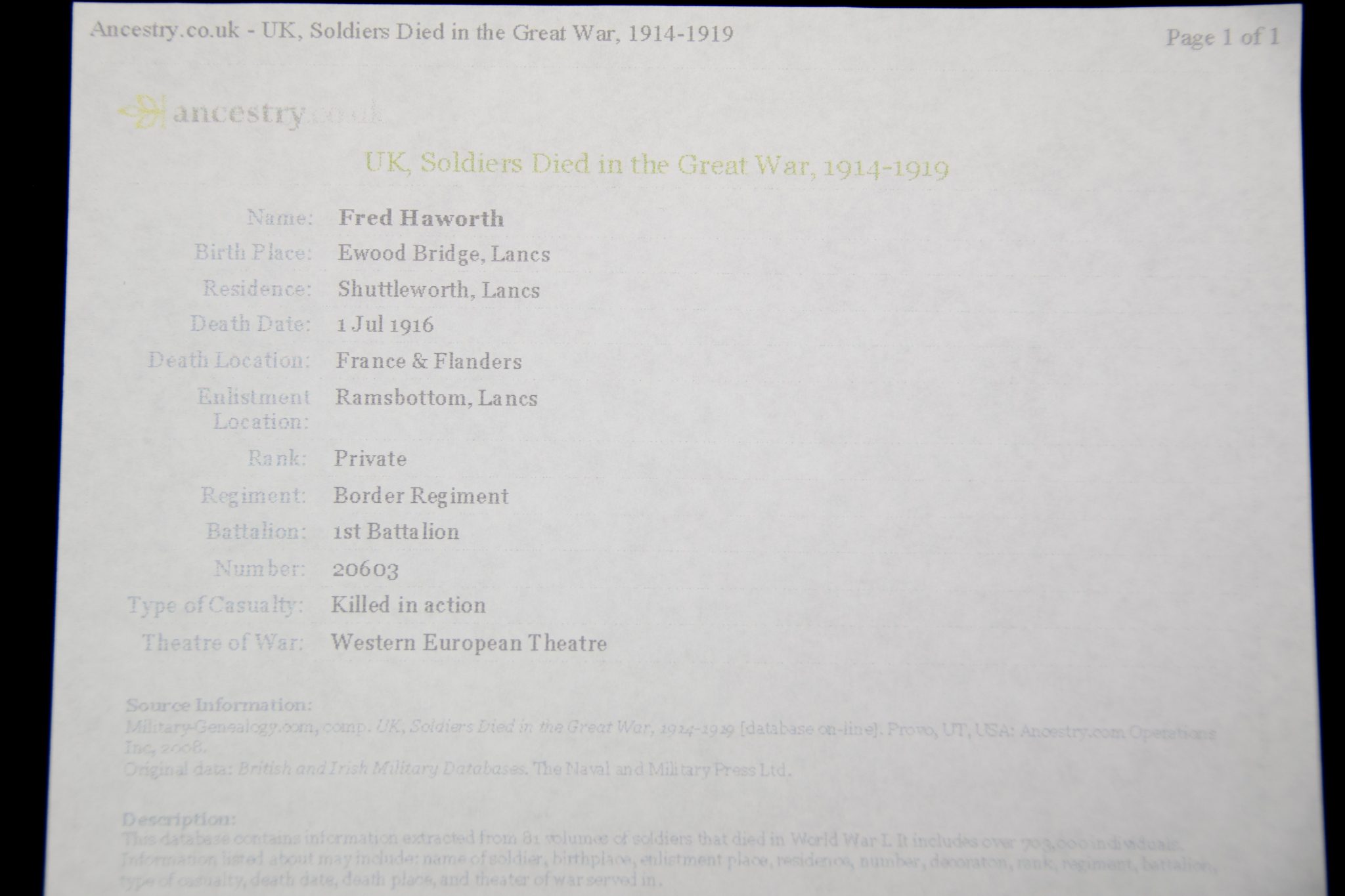 (British Army) First Day of the Somme 1 July 1916 - Victory medal of Private F. Haworth, 20603, 1st Bn., Border Regiment - Image 29