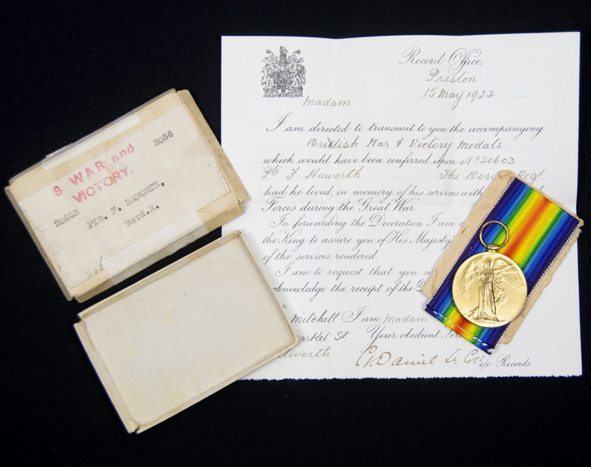 (British Army) First Day of the Somme 1 July 1916 - Victory medal of Private F. Haworth, 20603, 1st Bn., Border Regiment - Image 3