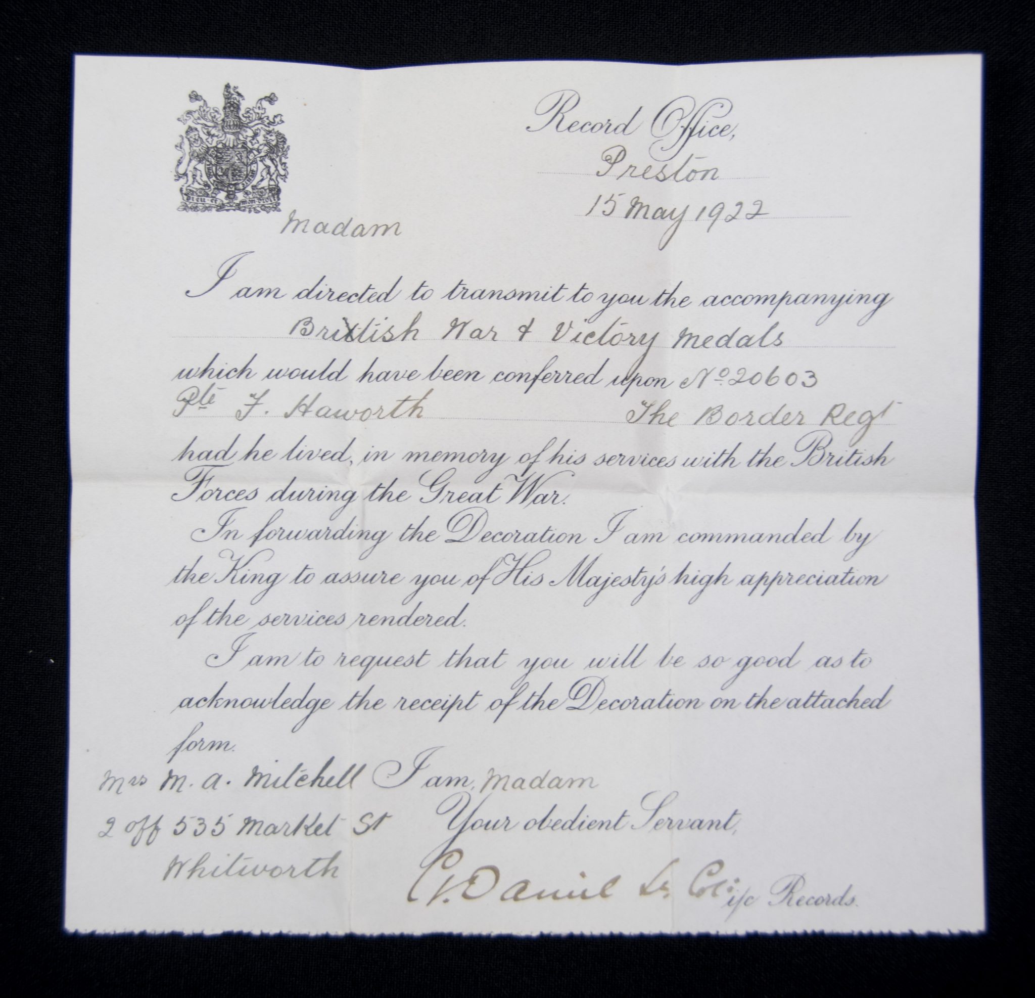 (British Army) First Day of the Somme 1 July 1916 - Victory medal of Private F. Haworth, 20603, 1st Bn., Border Regiment - Image 6