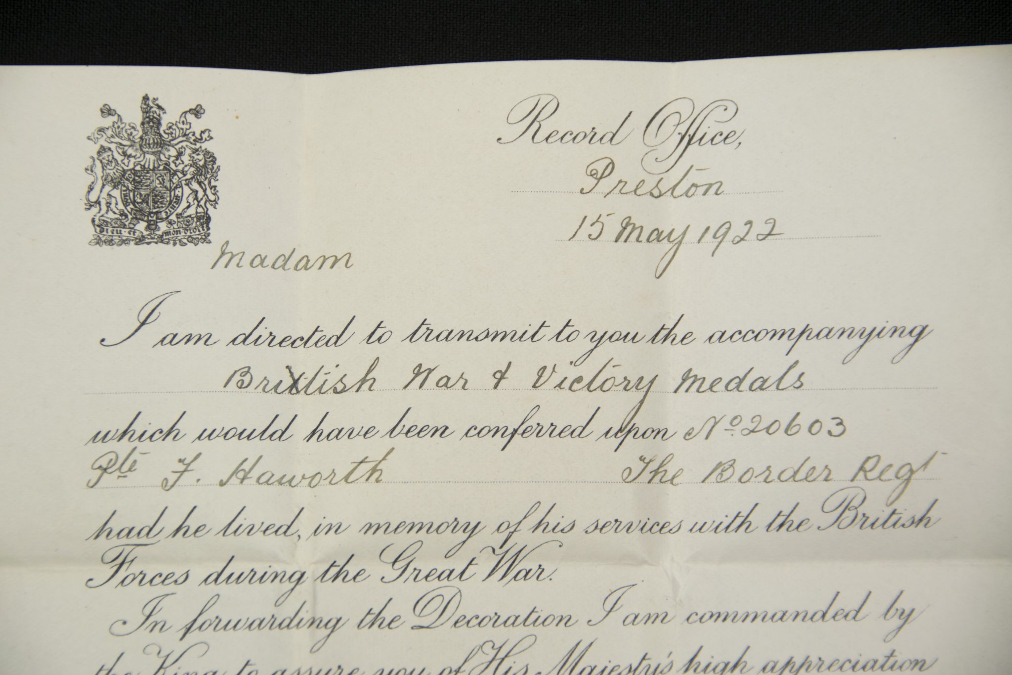 (British Army) First Day of the Somme 1 July 1916 - Victory medal of Private F. Haworth, 20603, 1st Bn., Border Regiment - Image 7