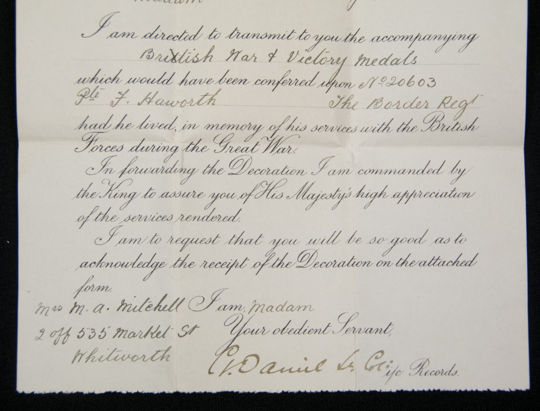 (British Army) First Day of the Somme 1 July 1916 - Victory medal of Private F. Haworth, 20603, 1st Bn., Border Regiment - Image 8