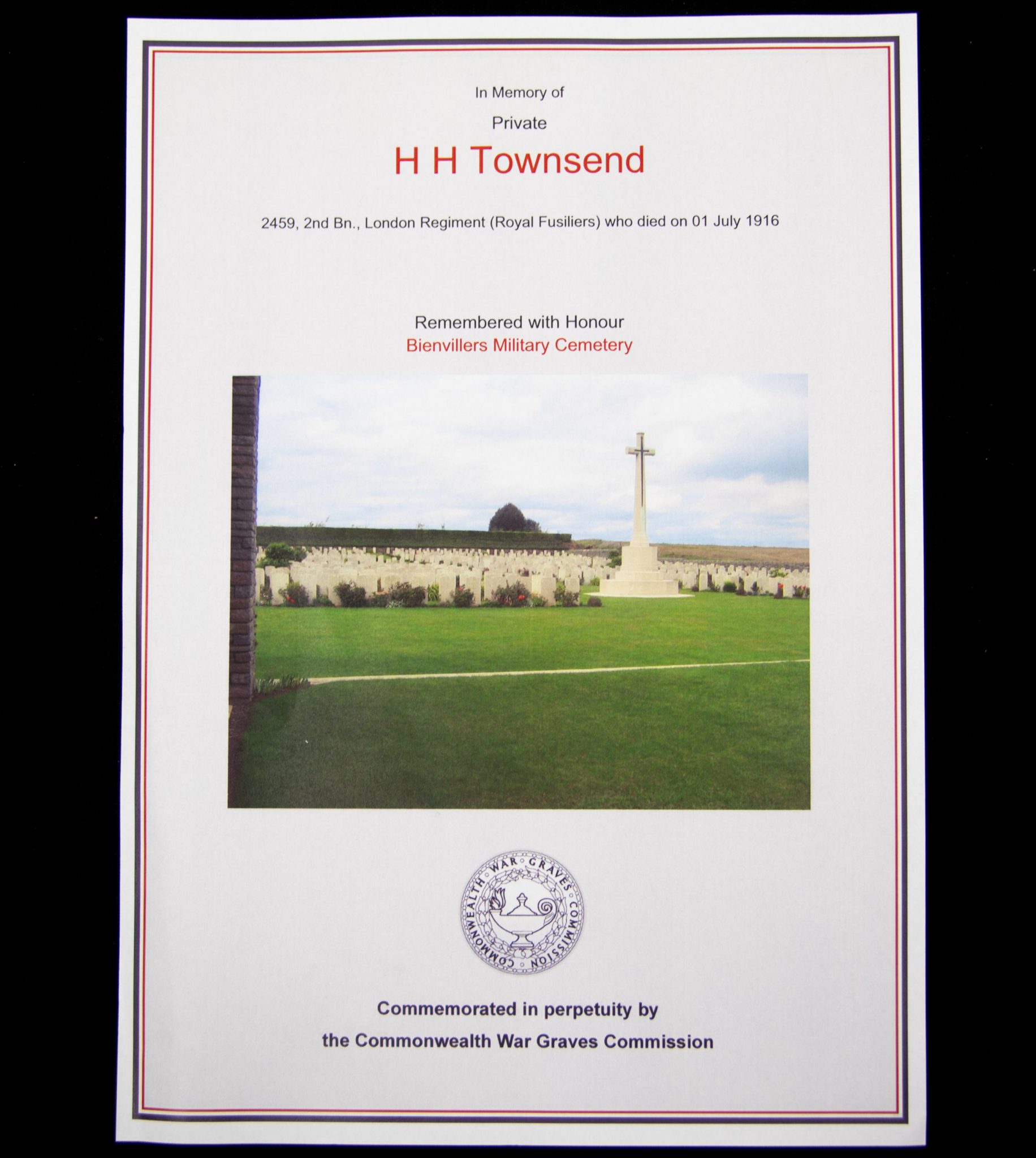 (British Army) First Day of the Somme 1 July 1916 - Victory medal of Private H. H. Townsend, 2459, 2nd Bn., London Regiment (Royal Fusiliers) - Image 9