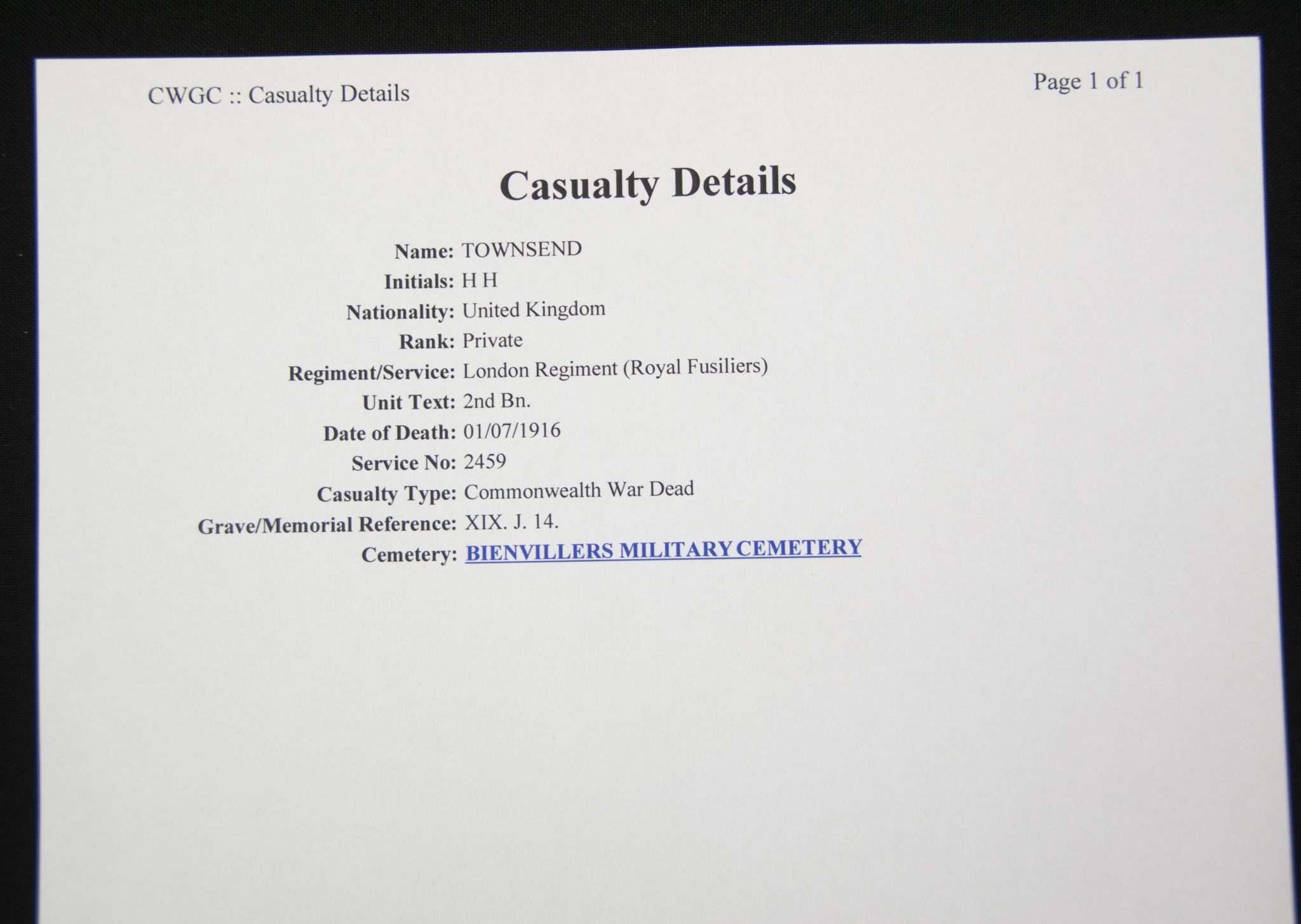 (British Army) First Day of the Somme 1 July 1916 - Victory medal of Private H. H. Townsend, 2459, 2nd Bn., London Regiment (Royal Fusiliers) - Image 13
