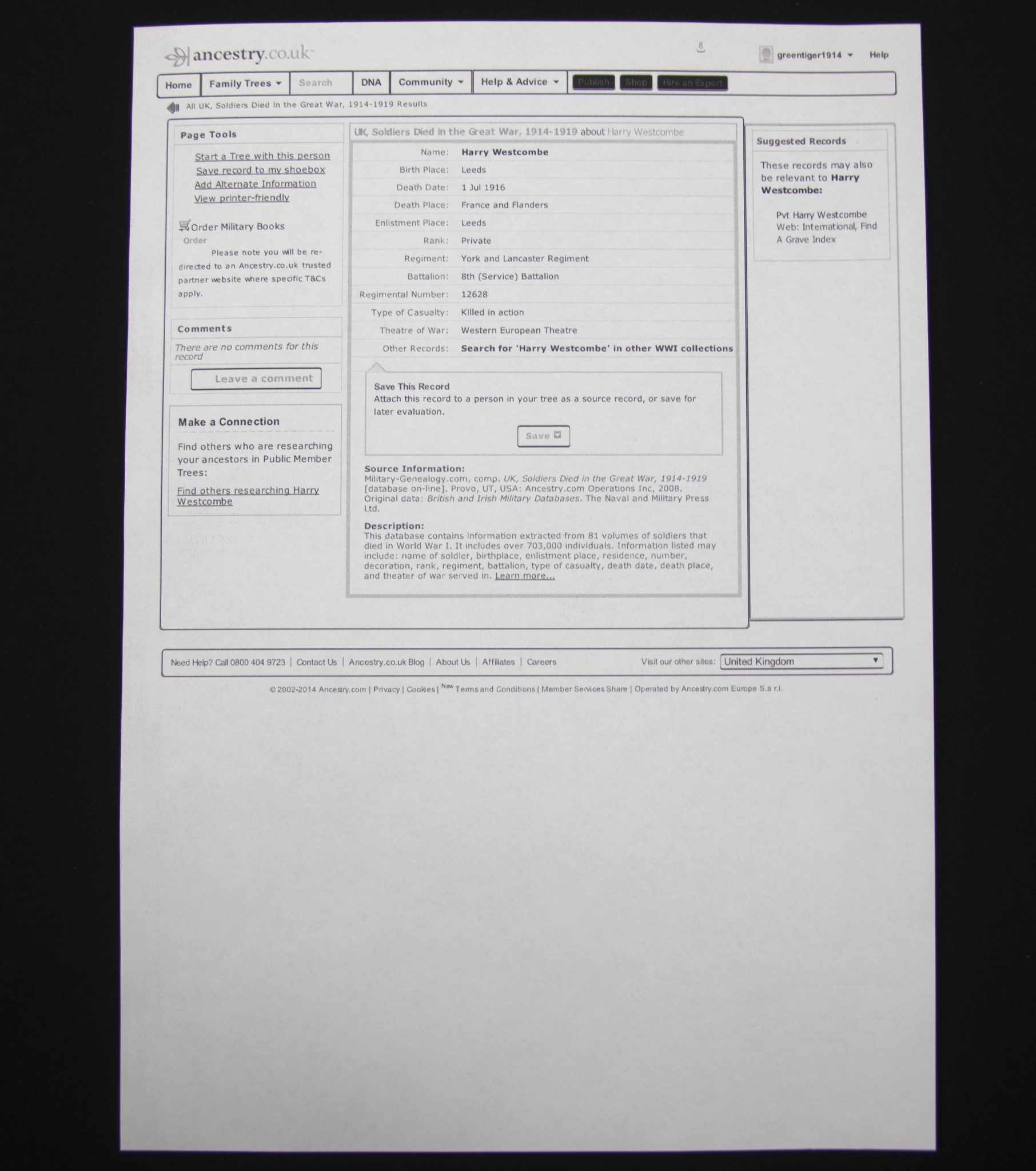 (British Army) First Day of the Somme 1 July 1916 - Victory medal of Private Harry Westcombe, 12628, 8th Bn., York and lancaster Regiment - Image 29