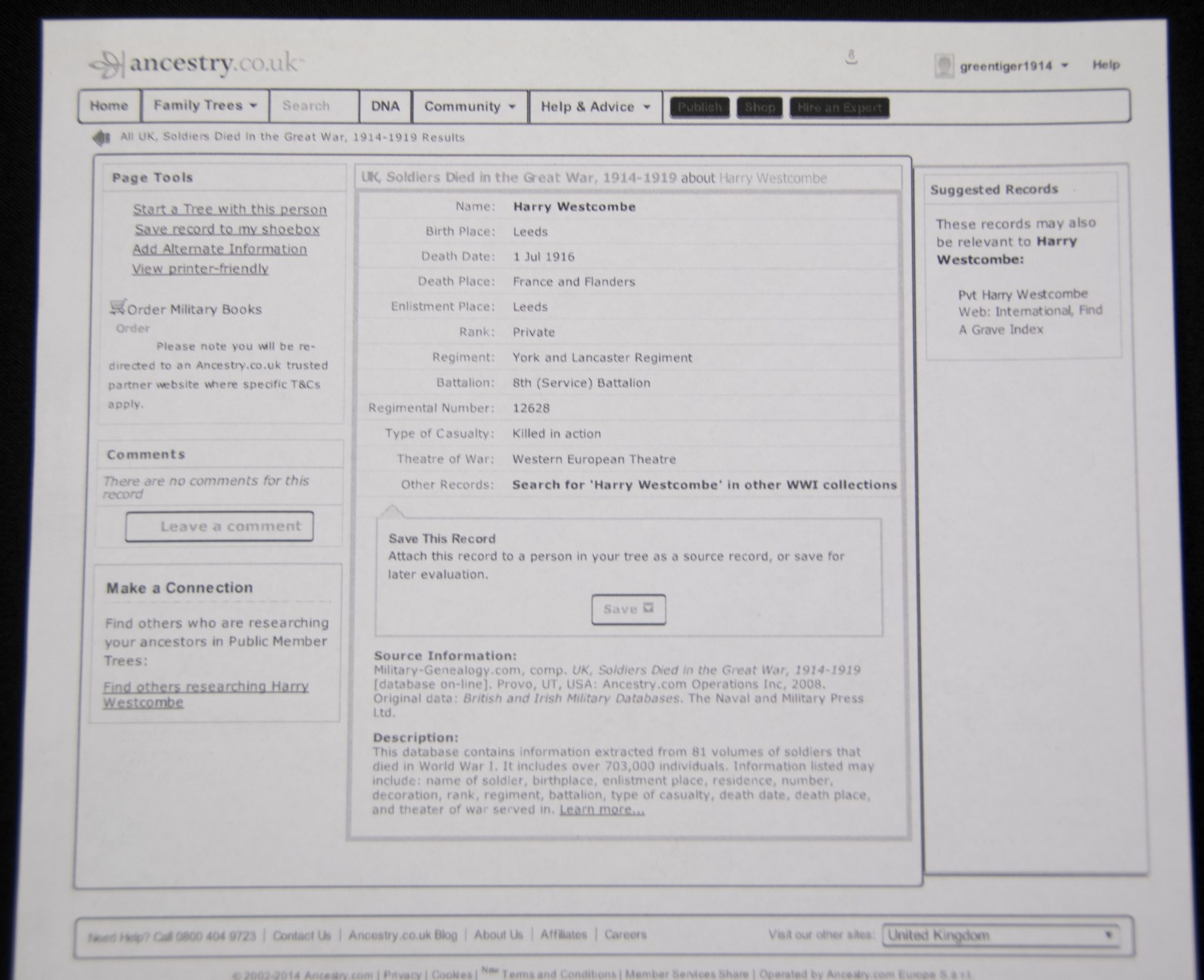 (British Army) First Day of the Somme 1 July 1916 - Victory medal of Private Harry Westcombe, 12628, 8th Bn., York and lancaster Regiment - Image 30