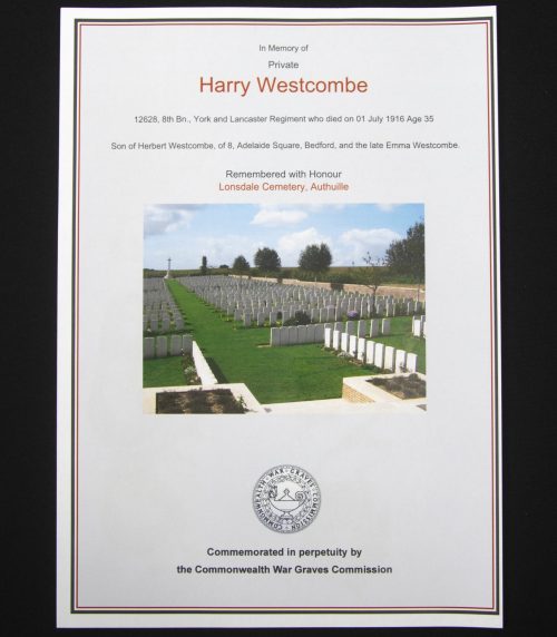 (British Army) First Day of the Somme 1 July 1916 - Victory medal of Private Harry Westcombe, 12628, 8th Bn., York and lancaster Regiment