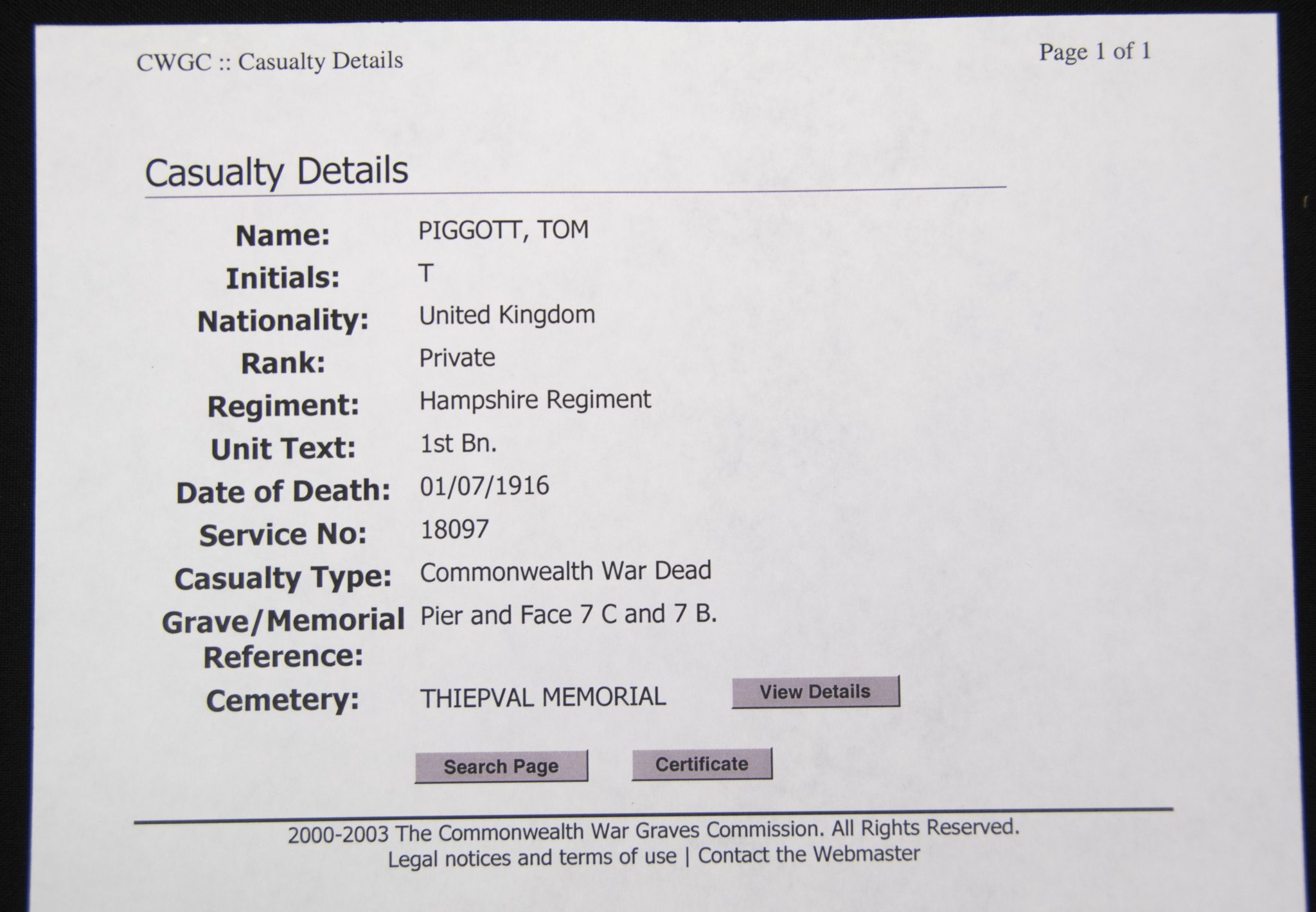 (British Army) First Day of the Somme 1 July 1916 - Victory medal of Private Tom Piggott, 18097, 1st Bn., Hampshire Regiment