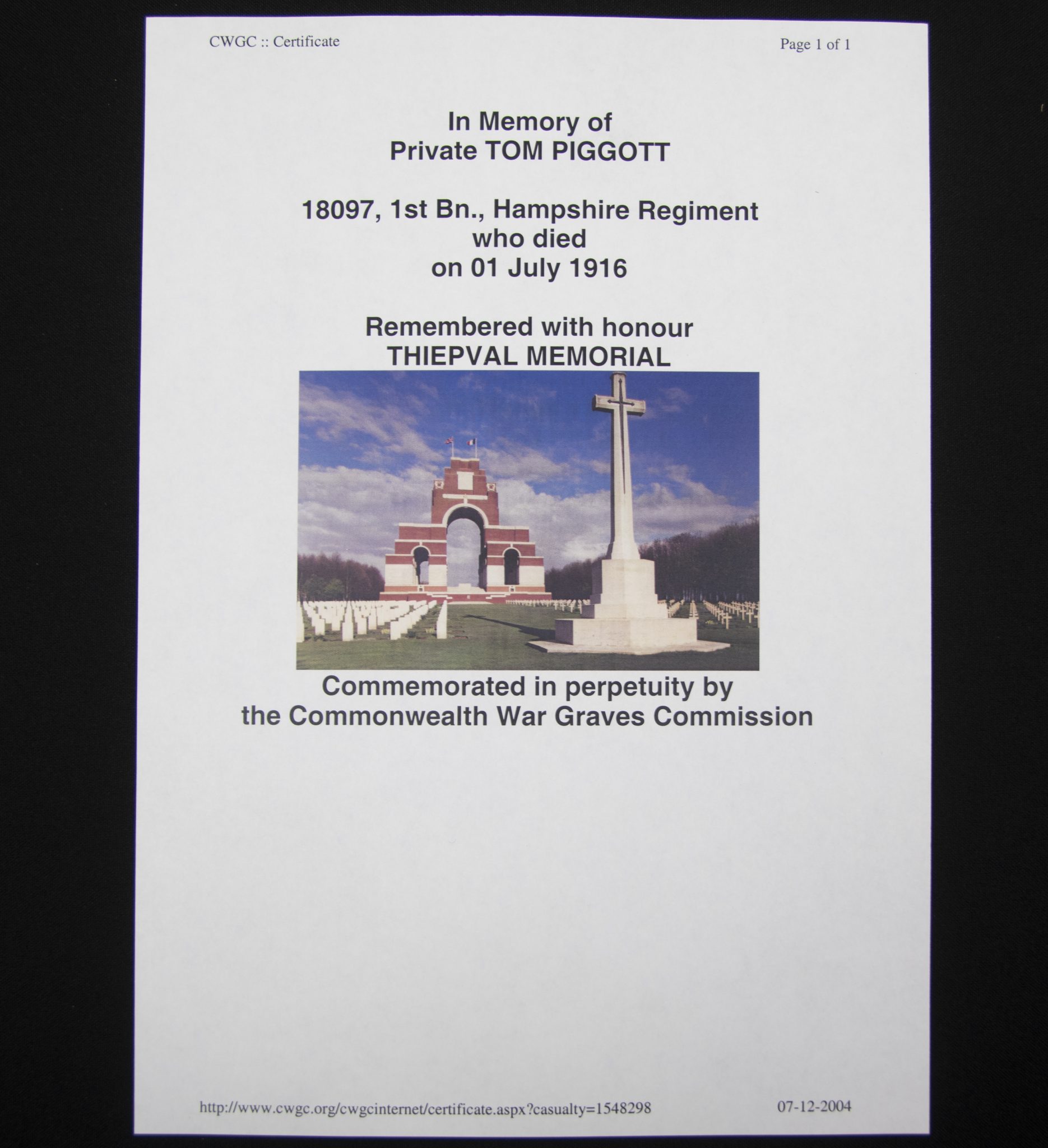 (British Army) First Day of the Somme 1 July 1916 - Victory medal of Private Tom Piggott, 18097, 1st Bn., Hampshire Regiment