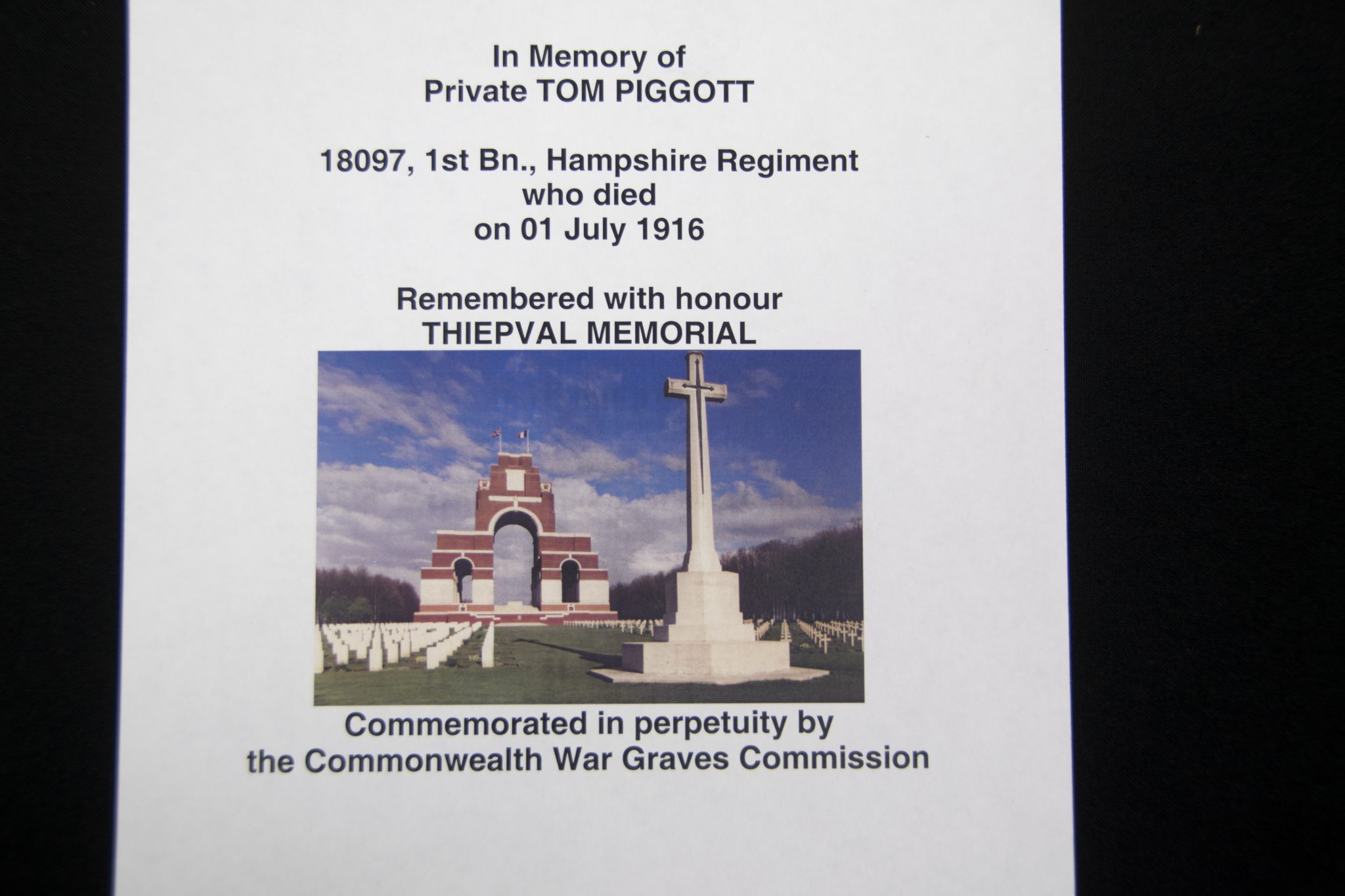 (British Army) First Day of the Somme 1 July 1916 - Victory medal of Private Tom Piggott, 18097, 1st Bn., Hampshire Regiment