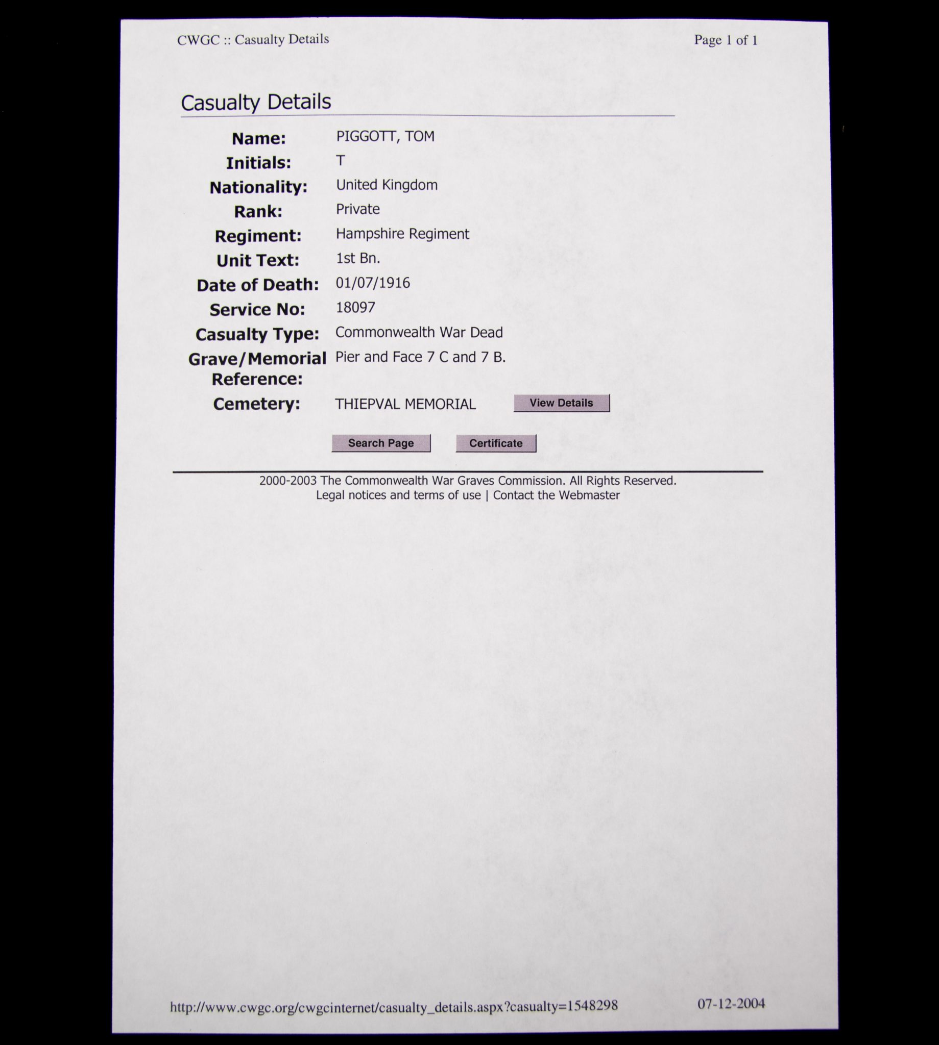 (British Army) First Day of the Somme 1 July 1916 - Victory medal of Private Tom Piggott, 18097, 1st Bn., Hampshire Regiment