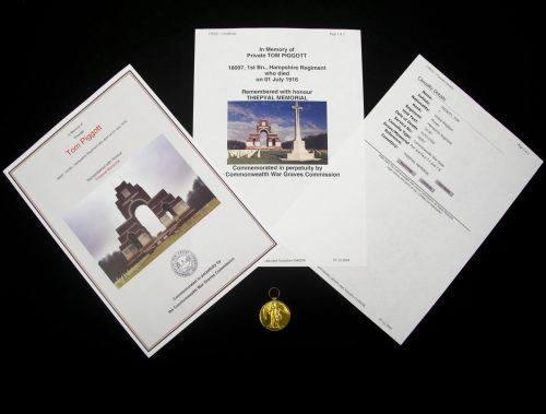 (British Army) First Day of the Somme 1 July 1916 - Victory medal of Private Tom Piggott, 18097, 1st Bn., Hampshire Regiment