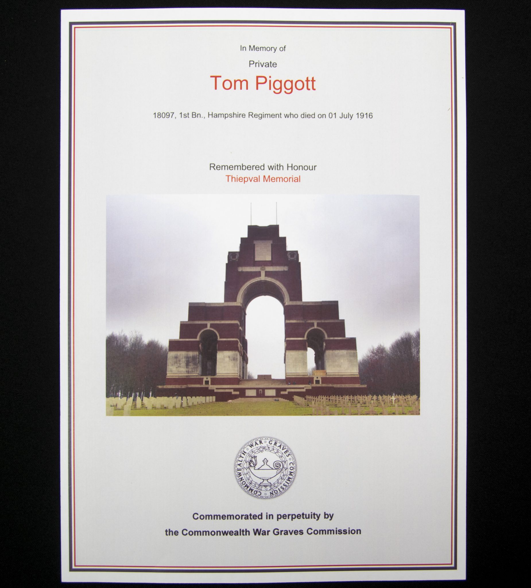(British Army) First Day of the Somme 1 July 1916 - Victory medal of Private Tom Piggott, 18097, 1st Bn., Hampshire Regiment