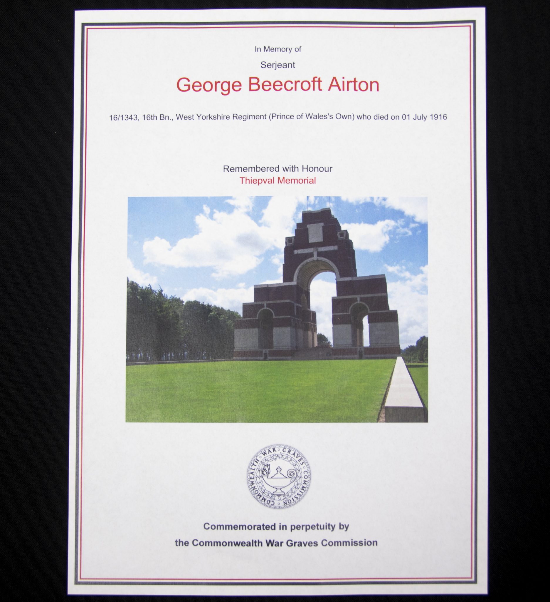 (British Army) First Day of the Somme 1 July 1916 - Victory medal of Serjeant George Beecroft Airton, 161343, 16th Bn., West Yorkshire Regiment