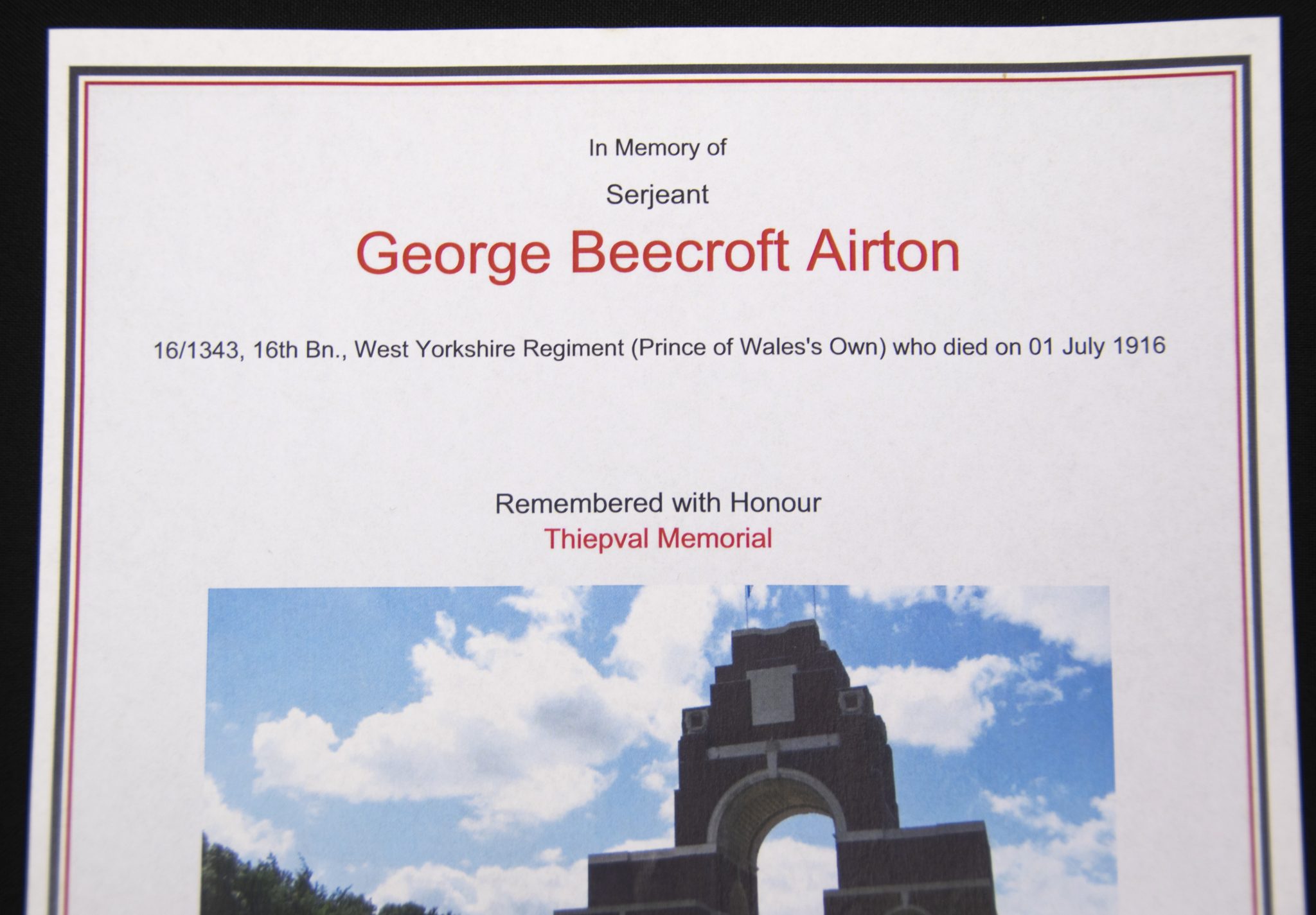 (British Army) First Day of the Somme 1 July 1916 - Victory medal of Serjeant George Beecroft Airton, 161343, 16th Bn., West Yorkshire Regiment
