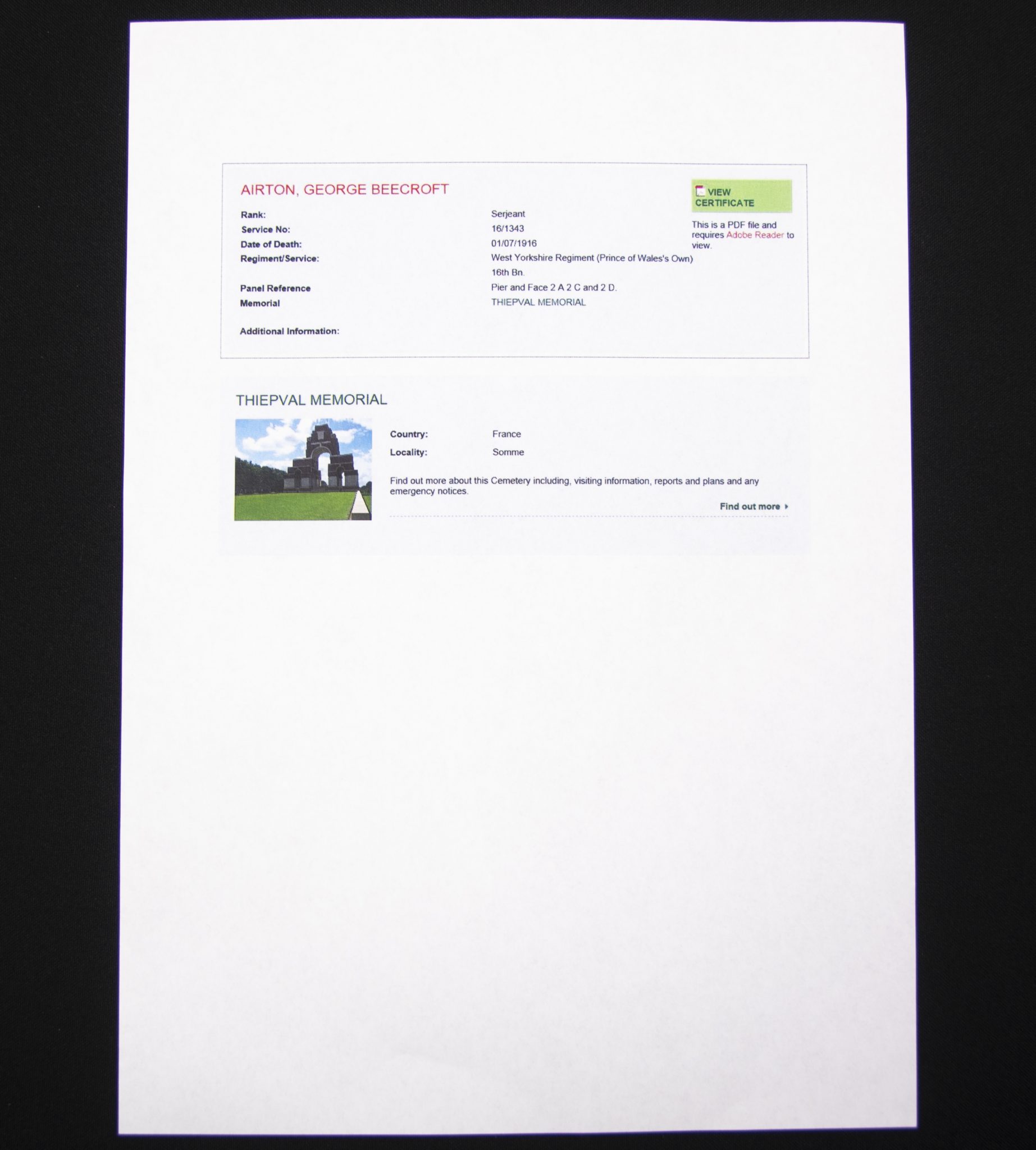 (British Army) First Day of the Somme 1 July 1916 - Victory medal of Serjeant George Beecroft Airton, 161343, 16th Bn., West Yorkshire Regiment