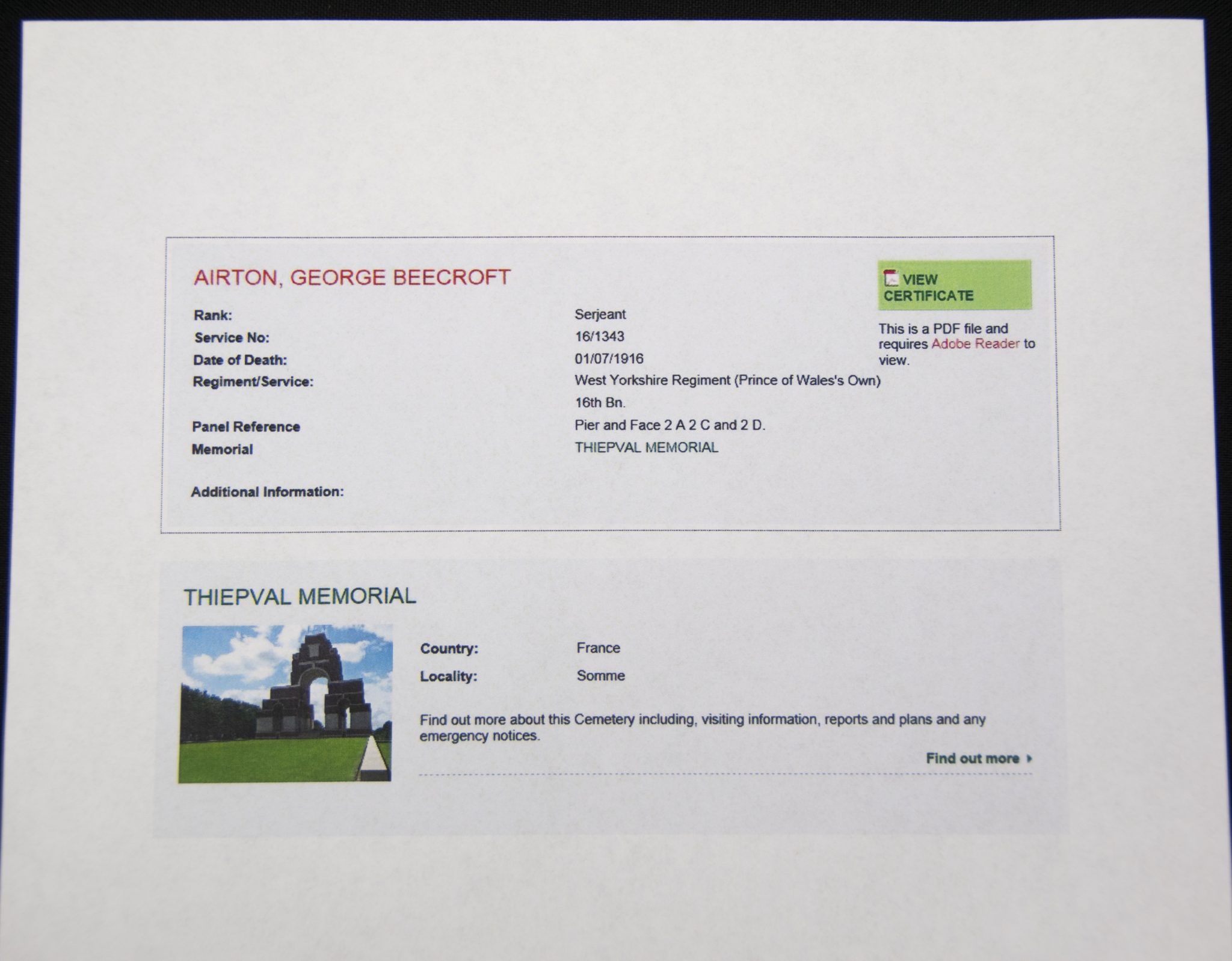 (British Army) First Day of the Somme 1 July 1916 - Victory medal of Serjeant George Beecroft Airton, 161343, 16th Bn., West Yorkshire Regiment