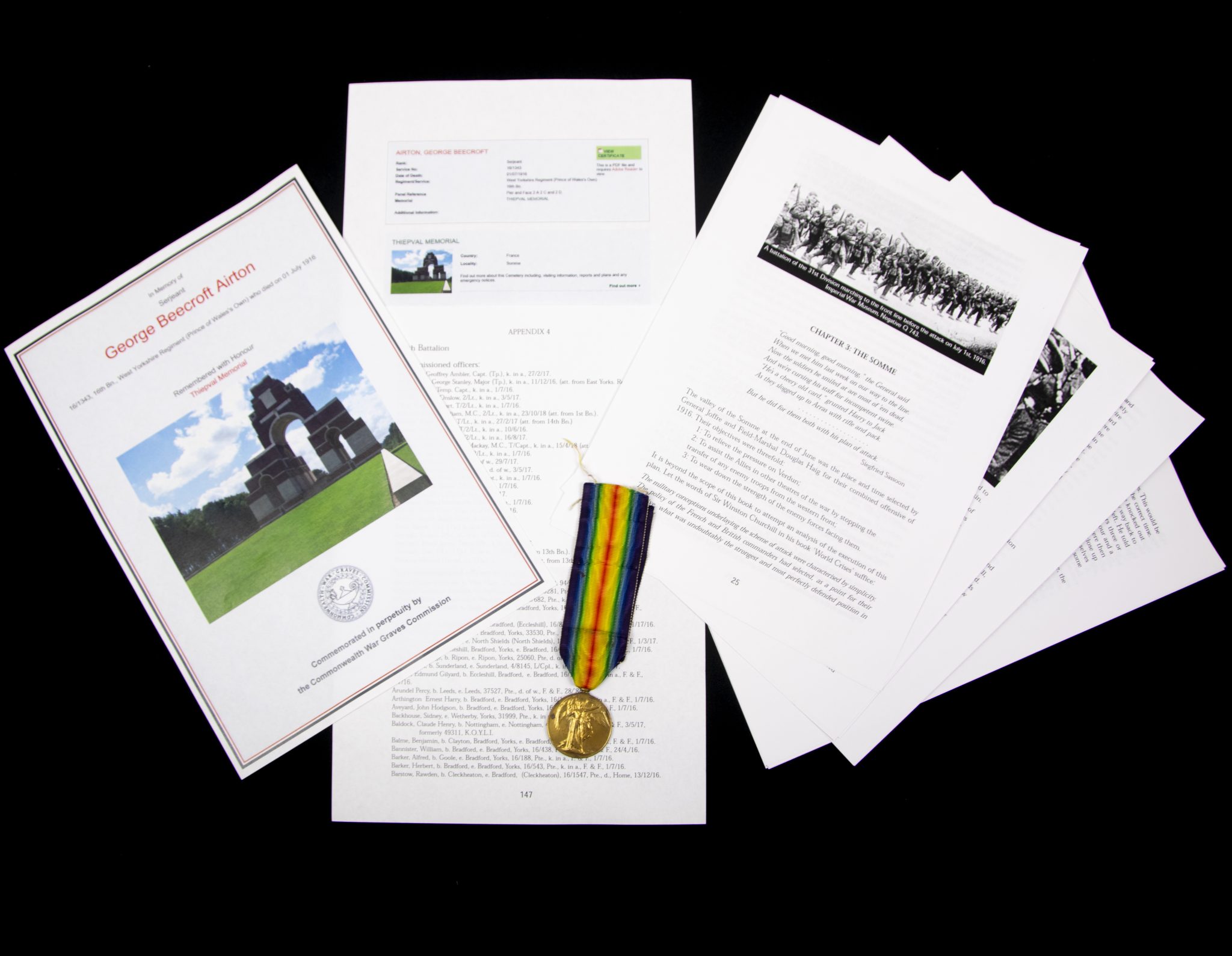 (British Army) First Day of the Somme 1 July 1916 - Victory medal of Serjeant George Beecroft Airton, 161343, 16th Bn., West Yorkshire Regiment