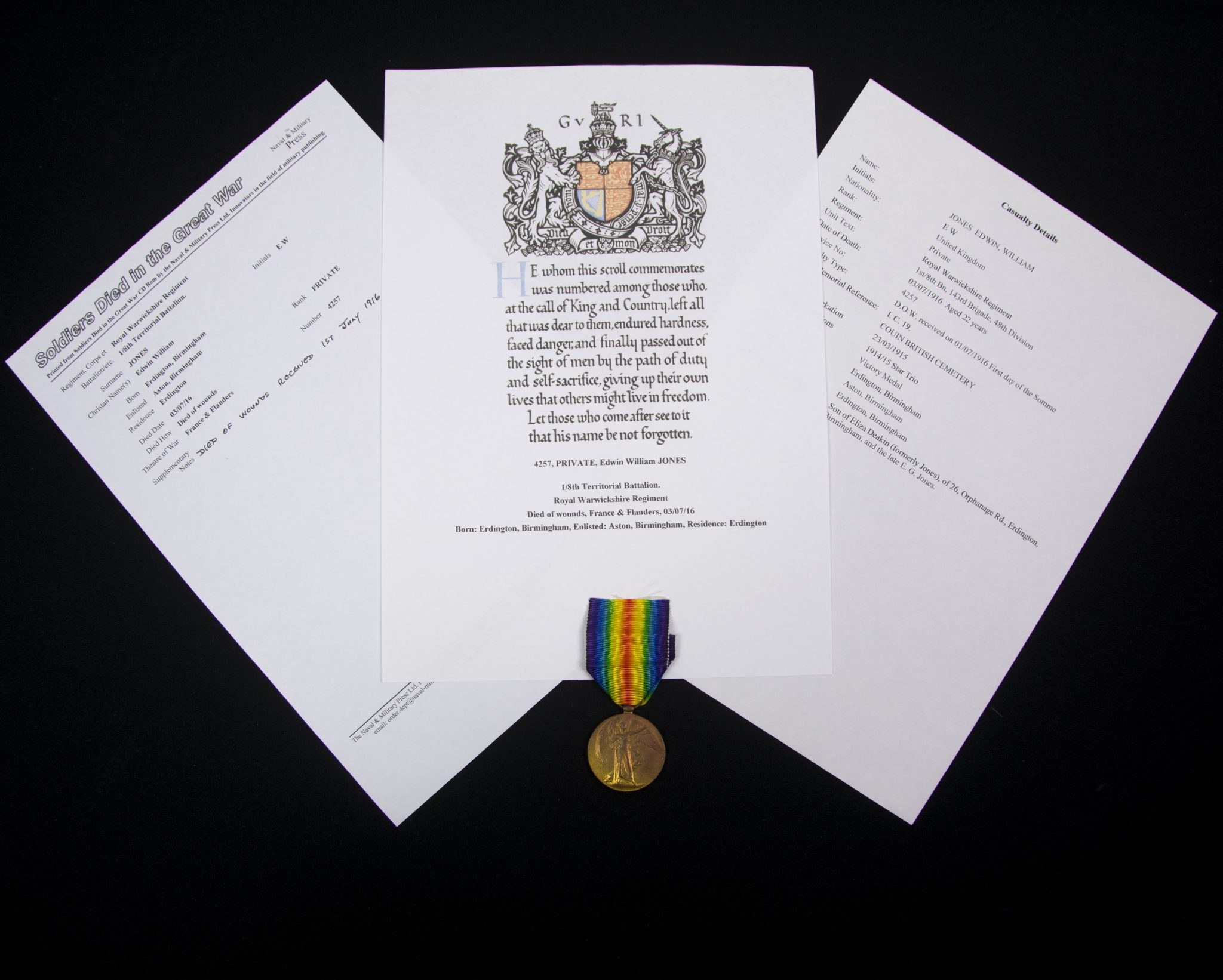 (British Army) First Day of the Somme 1 July 1916 WOUNDED - Victory medal of Private Edwin William Jones, 4257, Royal Warwickshire Regiment