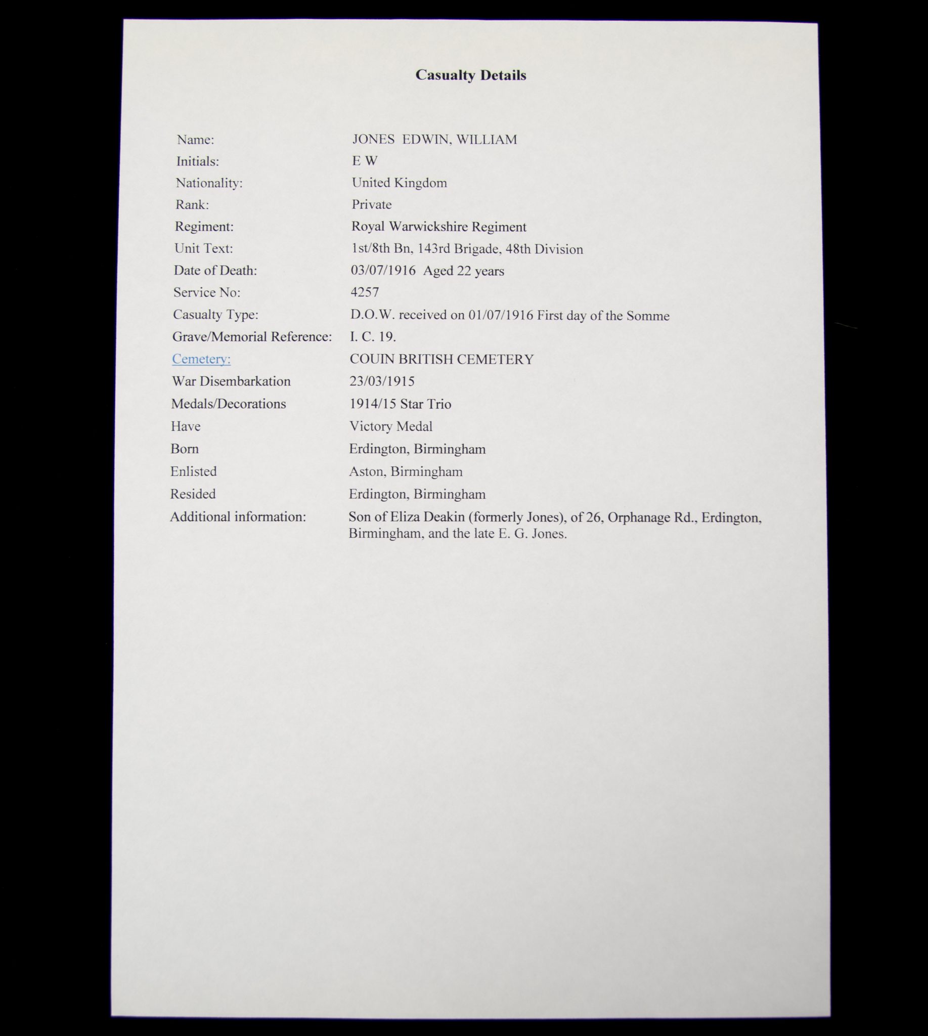 (British Army) First Day of the Somme 1 July 1916 WOUNDED - Victory medal of Private Edwin William Jones, 4257, Royal Warwickshire Regiment - Image 10