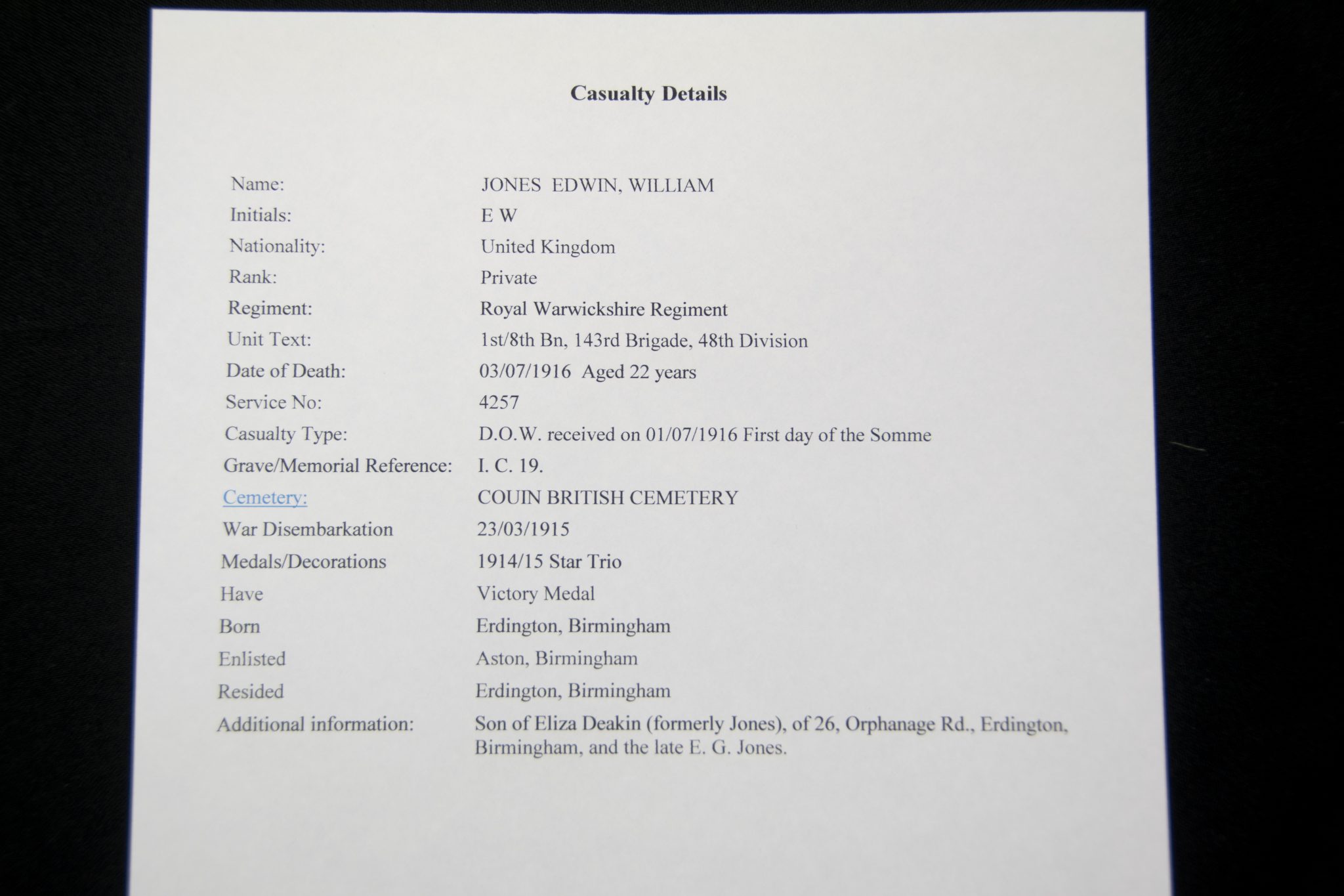 (British Army) First Day of the Somme 1 July 1916 WOUNDED - Victory medal of Private Edwin William Jones, 4257, Royal Warwickshire Regiment - Image 11