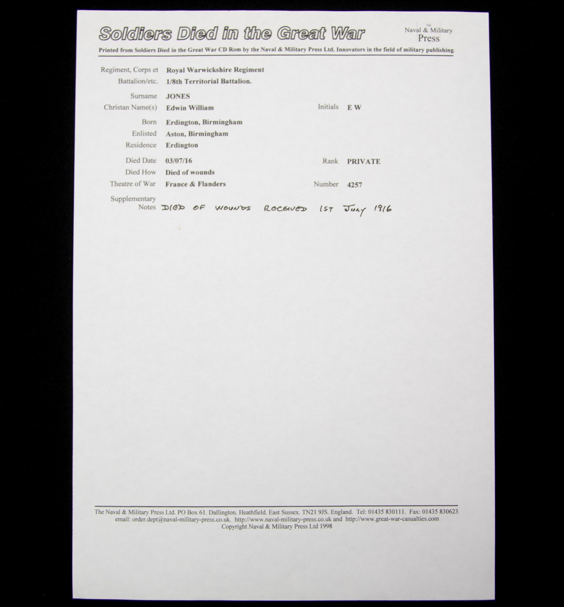 (British Army) First Day of the Somme 1 July 1916 WOUNDED - Victory medal of Private Edwin William Jones, 4257, Royal Warwickshire Regiment - Image 12