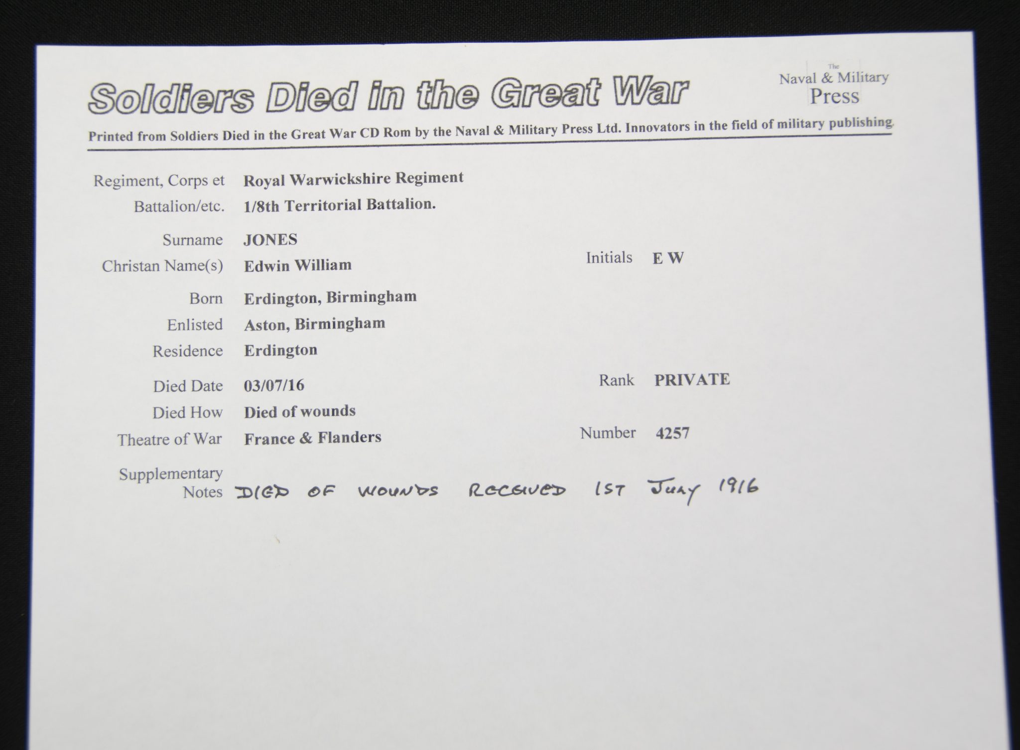 (British Army) First Day of the Somme 1 July 1916 WOUNDED - Victory medal of Private Edwin William Jones, 4257, Royal Warwickshire Regiment - Image 13