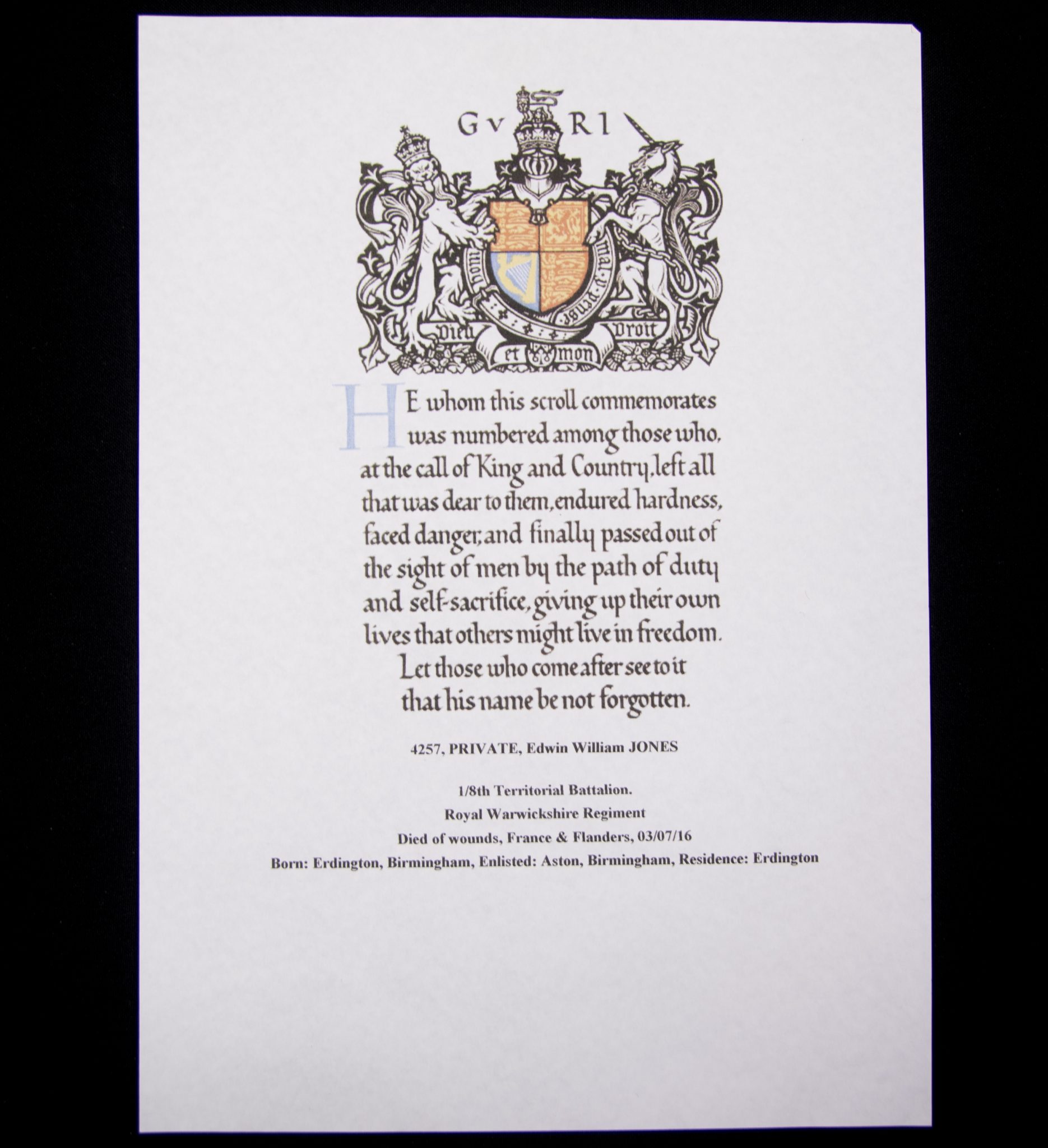 (British Army) First Day of the Somme 1 July 1916 WOUNDED - Victory medal of Private Edwin William Jones, 4257, Royal Warwickshire Regiment - Image 8