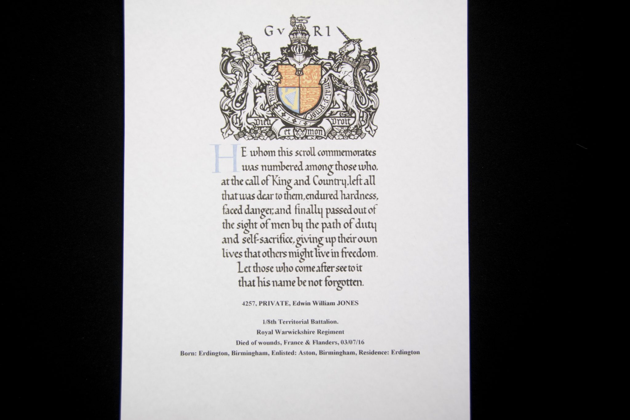 (British Army) First Day of the Somme 1 July 1916 WOUNDED - Victory medal of Private Edwin William Jones, 4257, Royal Warwickshire Regiment - Image 9