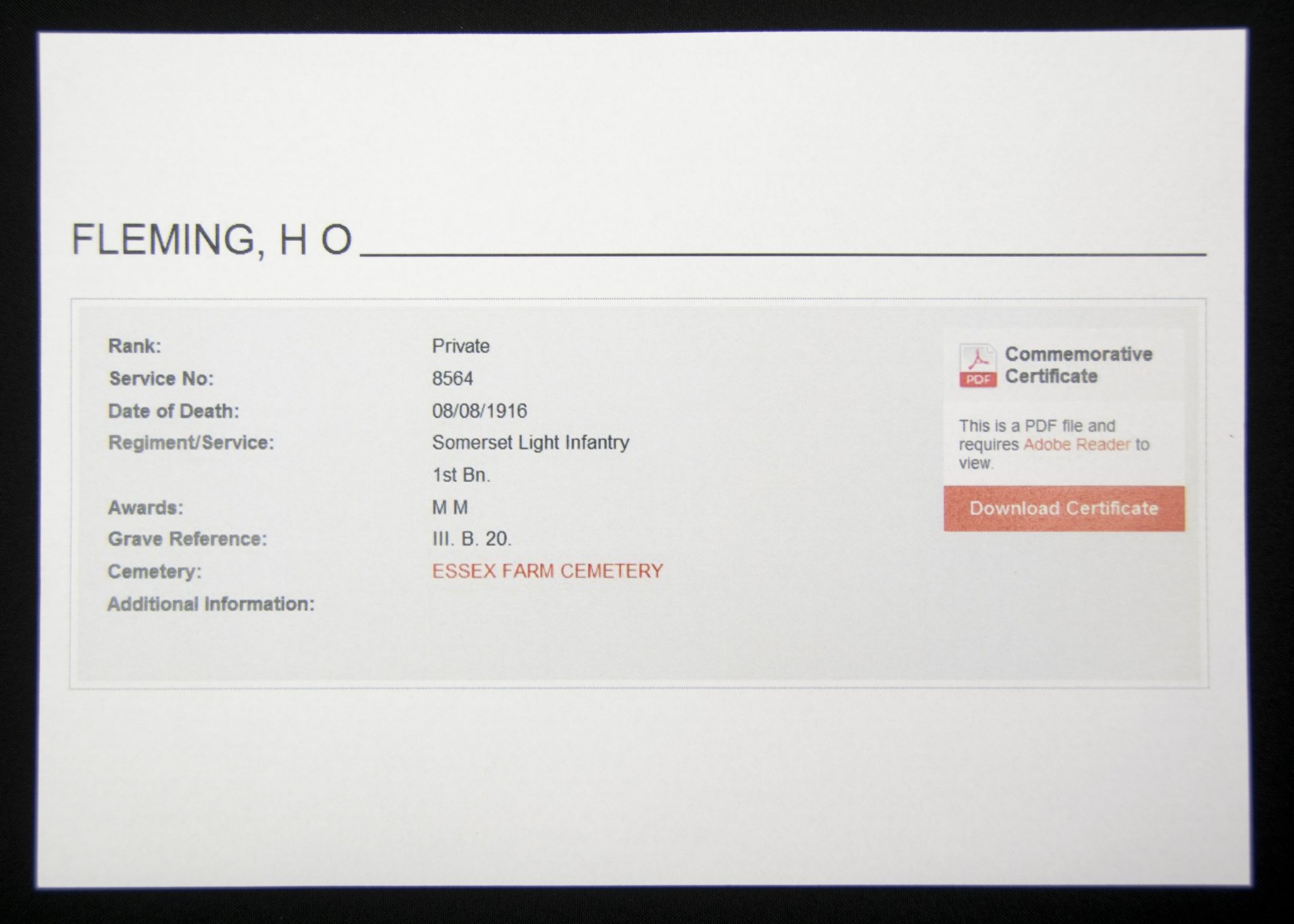 (British Army) First Day of the Somme 1 July 1916 WOUNDED - Victory medal of Private Harold O. Fleming, 8564, 1st Bn., Somerset Light Infantry - Image 12