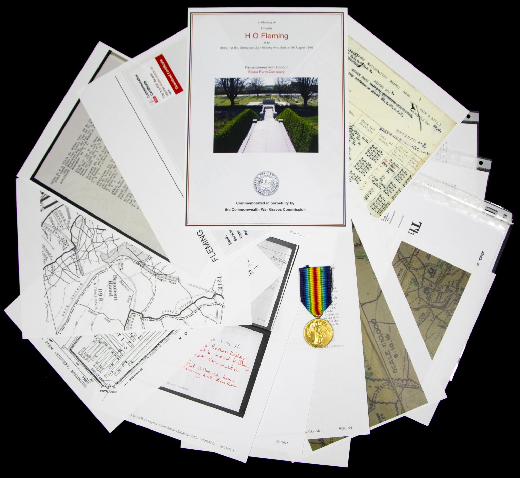 (British Army) First Day of the Somme 1 July 1916 WOUNDED - Victory medal of Private Harold O. Fleming, 8564, 1st Bn., Somerset Light Infantry