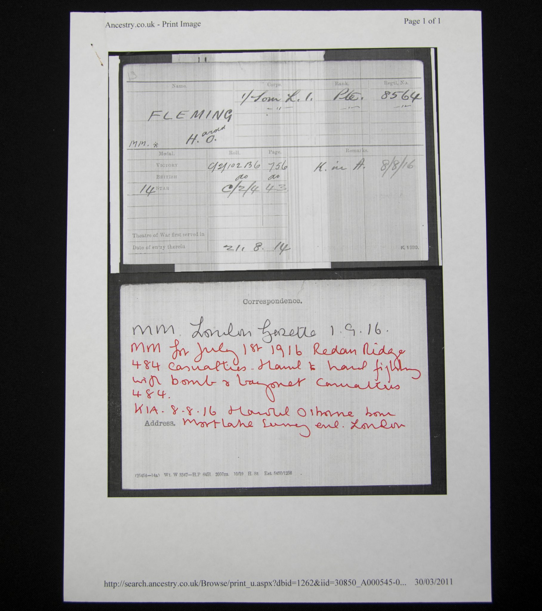 (British Army) First Day of the Somme 1 July 1916 WOUNDED - Victory medal of Private Harold O. Fleming, 8564, 1st Bn., Somerset Light Infantry - Image 20