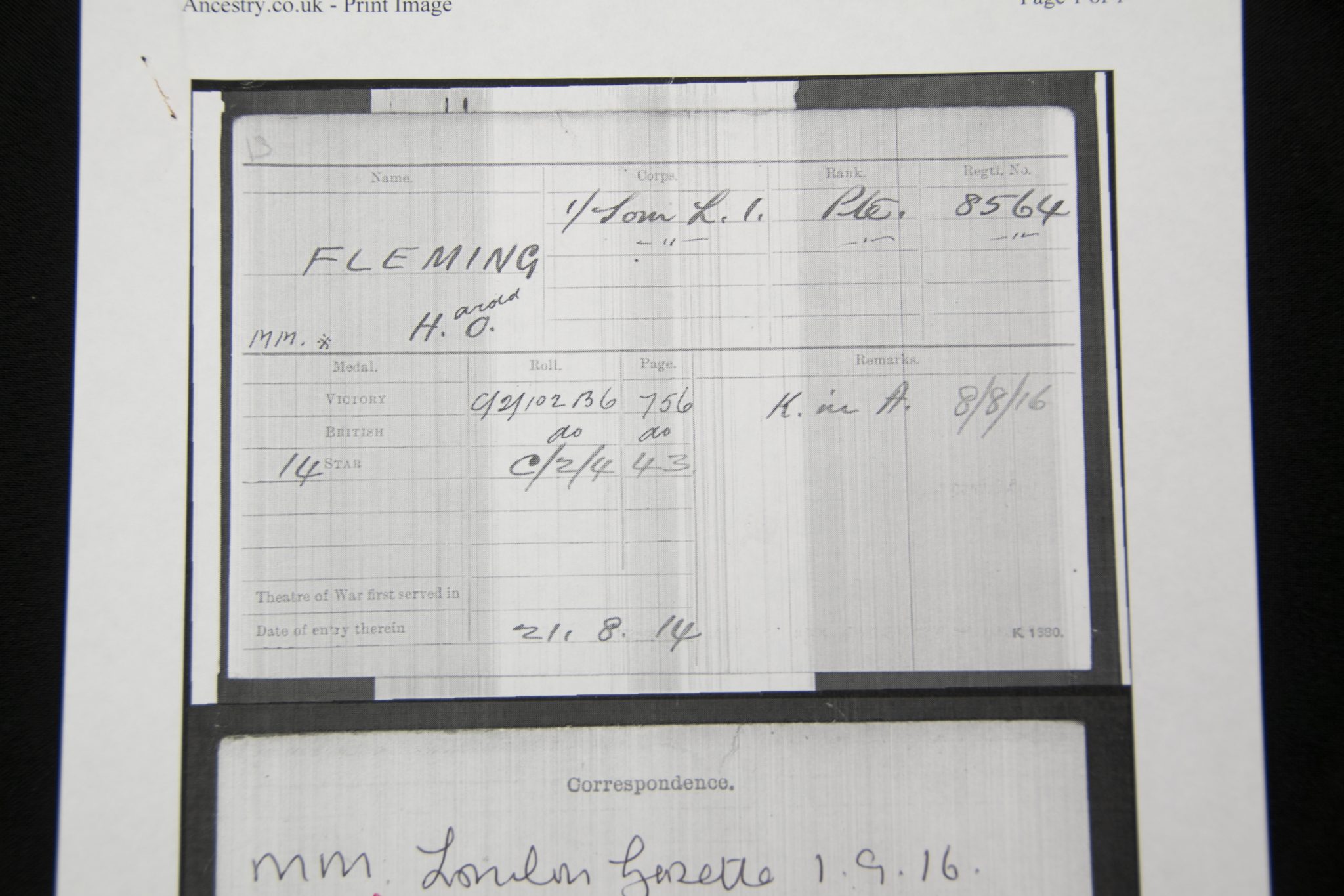 (British Army) First Day of the Somme 1 July 1916 WOUNDED - Victory medal of Private Harold O. Fleming, 8564, 1st Bn., Somerset Light Infantry - Image 21