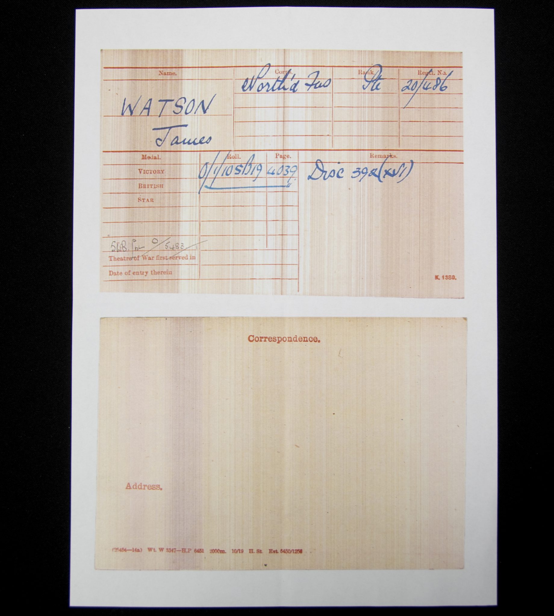 (British Army) First Day of the Somme 1 July 1916 WOUNDED - Victory medal of Private James Watson, 20/486 - Image 8