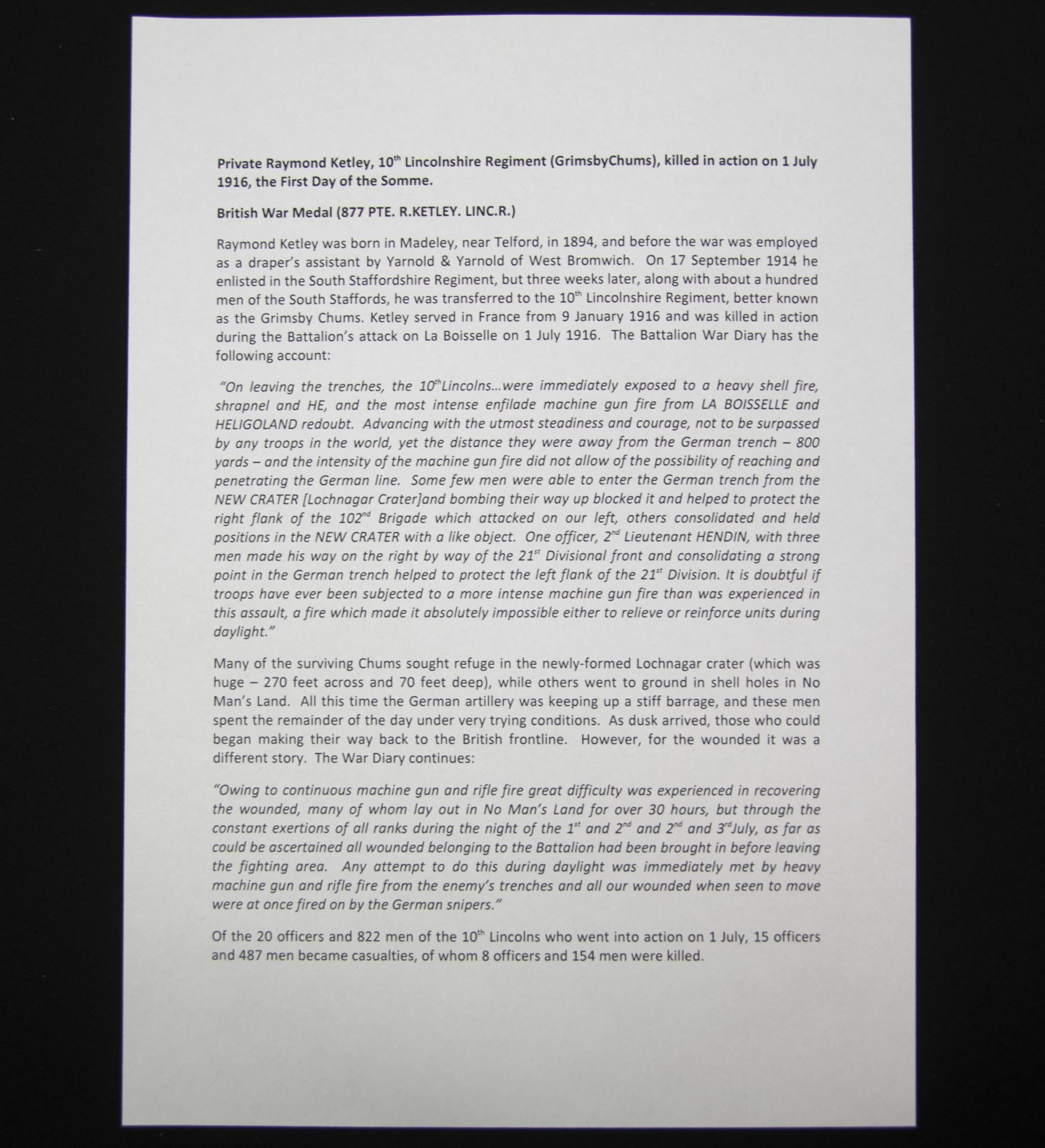 (British Army) First Day of the Somme 1 July 1916 - WOUNDED. Brittish War Medal of Private Raymond Ketley, 877, 10th Bn., Lincolnshire Regiment - Image 22