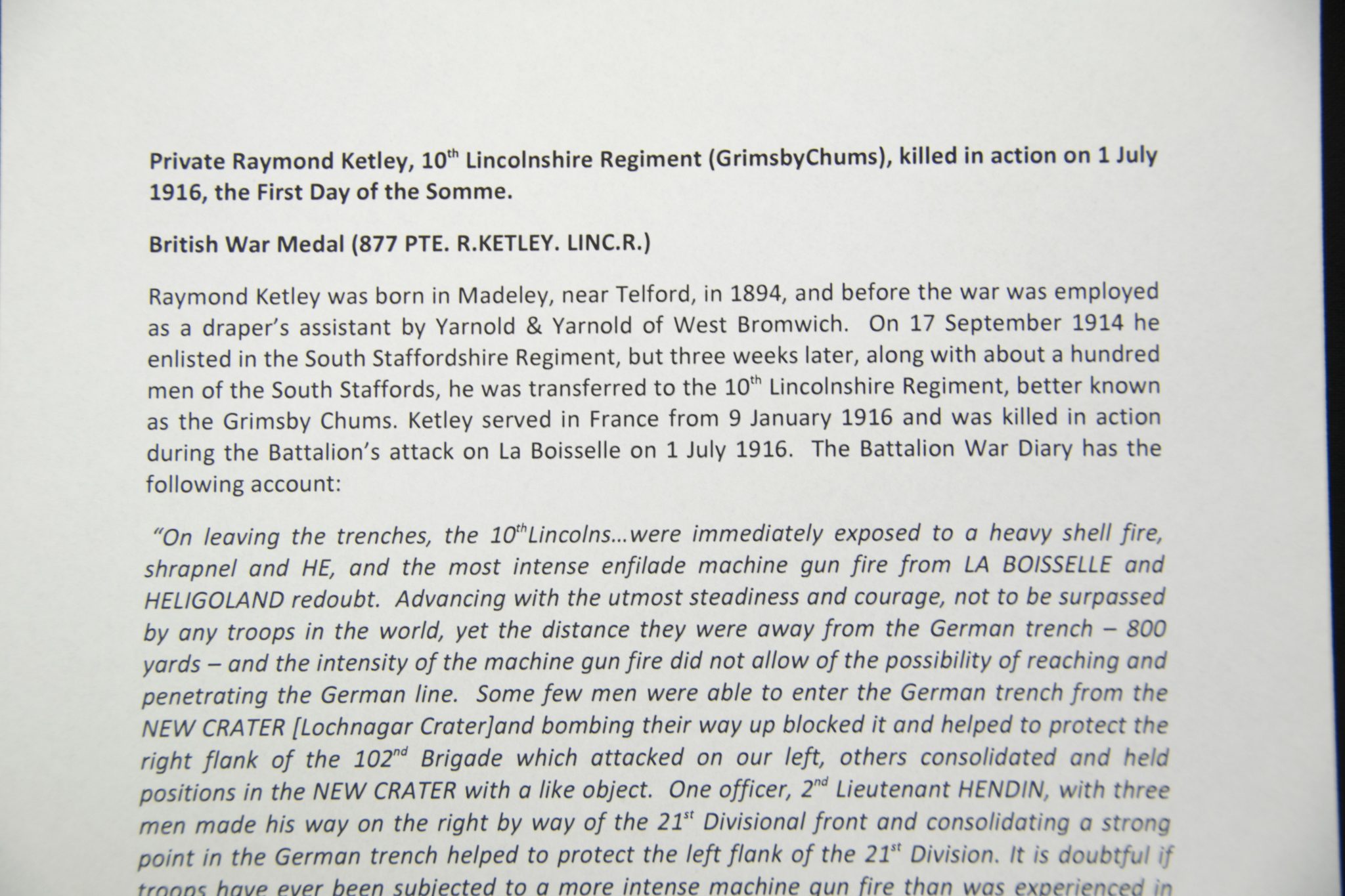 (British Army) First Day of the Somme 1 July 1916 - WOUNDED. Brittish War Medal of Private Raymond Ketley, 877, 10th Bn., Lincolnshire Regiment - Image 23