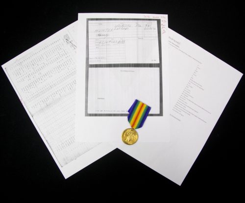 (British Army) First Day of the Somme 1 July 1916 - WOUNDED. Victory medal to Private Henry Hunter, 26th Northumberland Fusiliers (only 16 years old!)