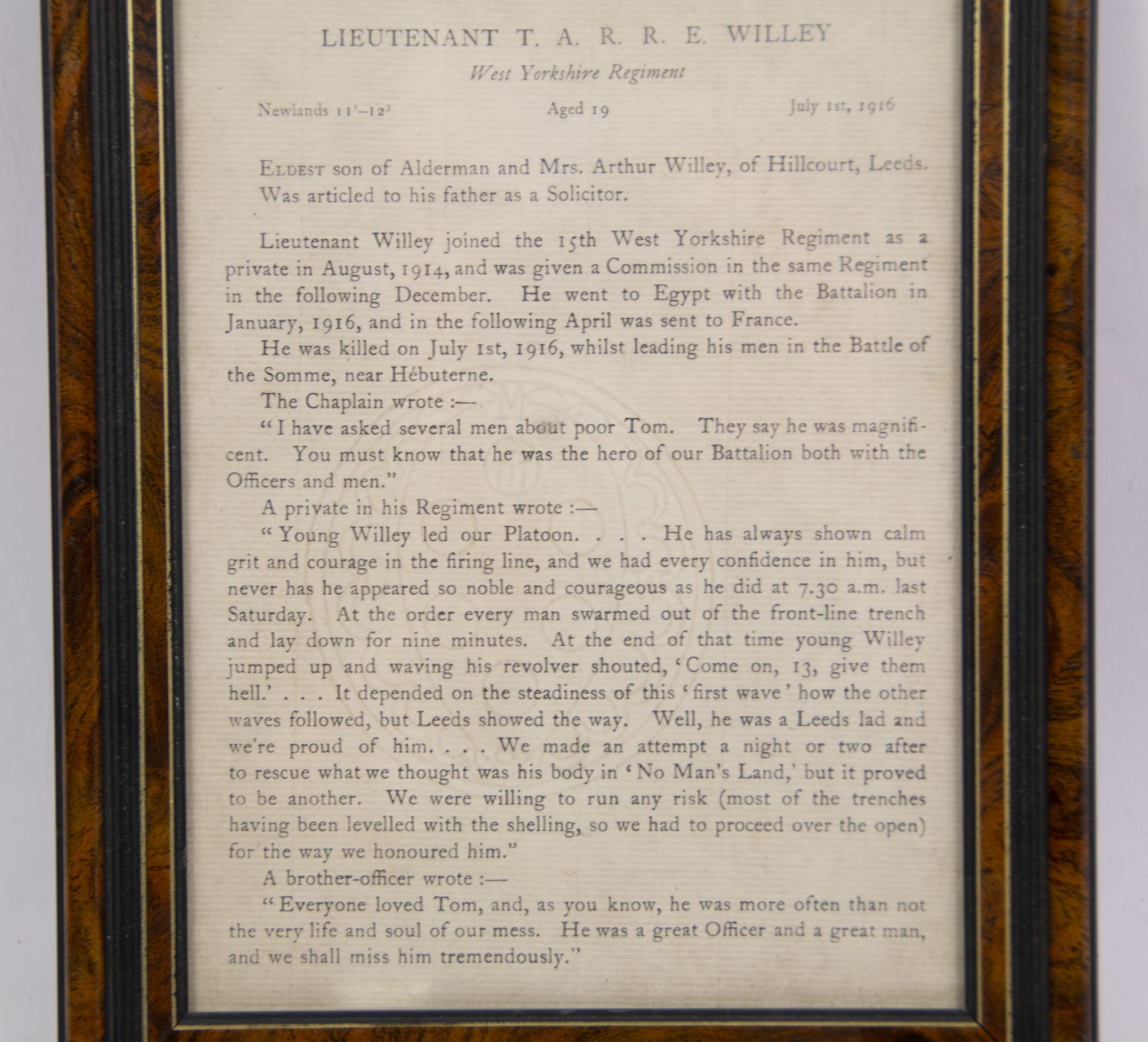 (British Army) First Day of the Somme 1 July Two commemorative frames of Thomas Arthur Raymond R.E. Willey, "D" Coy, 15th Bn., West Yorkshire Regiment - Image 9