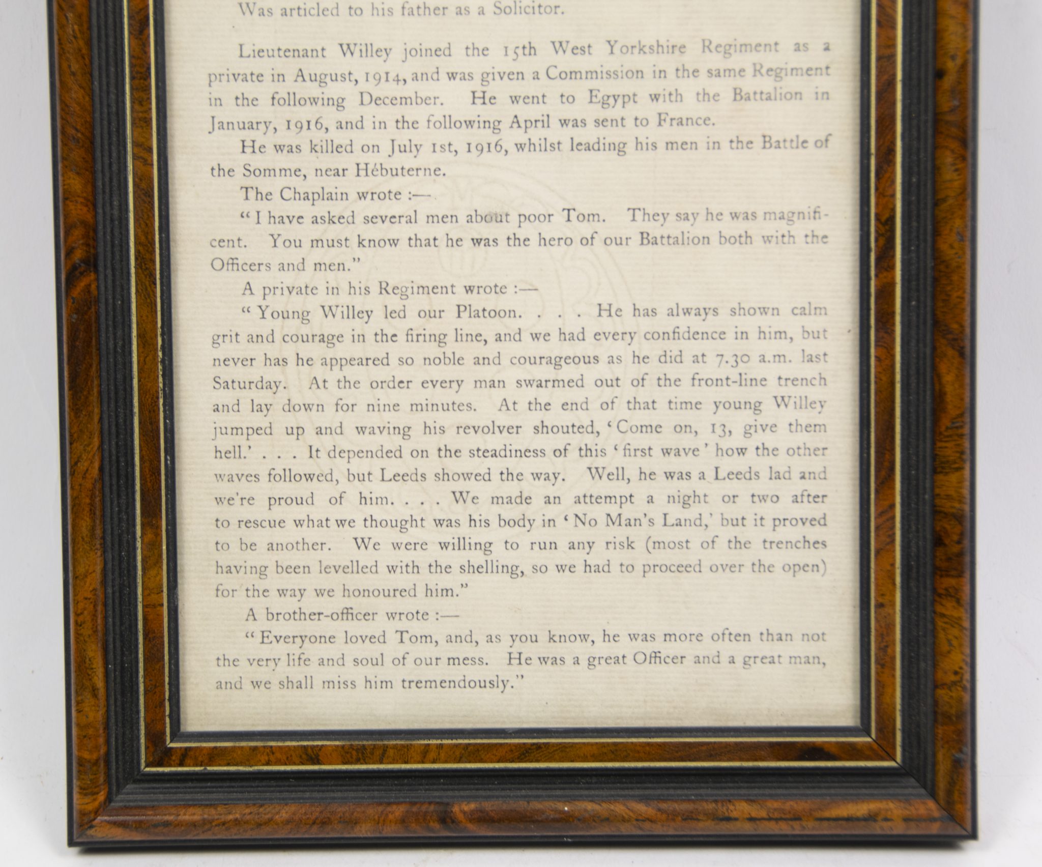 (British Army) First Day of the Somme 1 July Two commemorative frames of Thomas Arthur Raymond R.E. Willey, "D" Coy, 15th Bn., West Yorkshire Regiment - Image 10