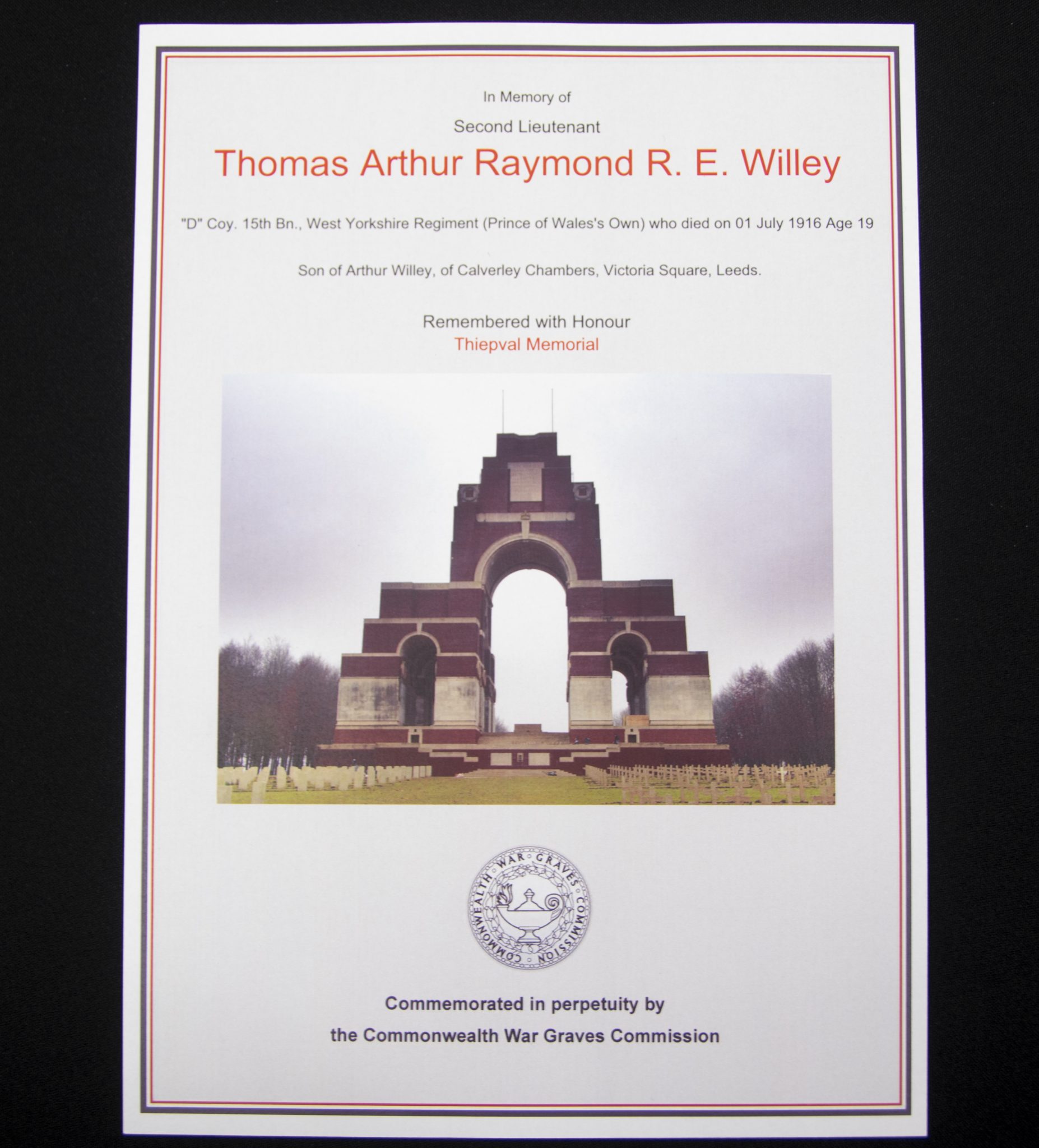 (British Army) First Day of the Somme 1 July Two commemorative frames of Thomas Arthur Raymond R.E. Willey, "D" Coy, 15th Bn., West Yorkshire Regiment - Image 12