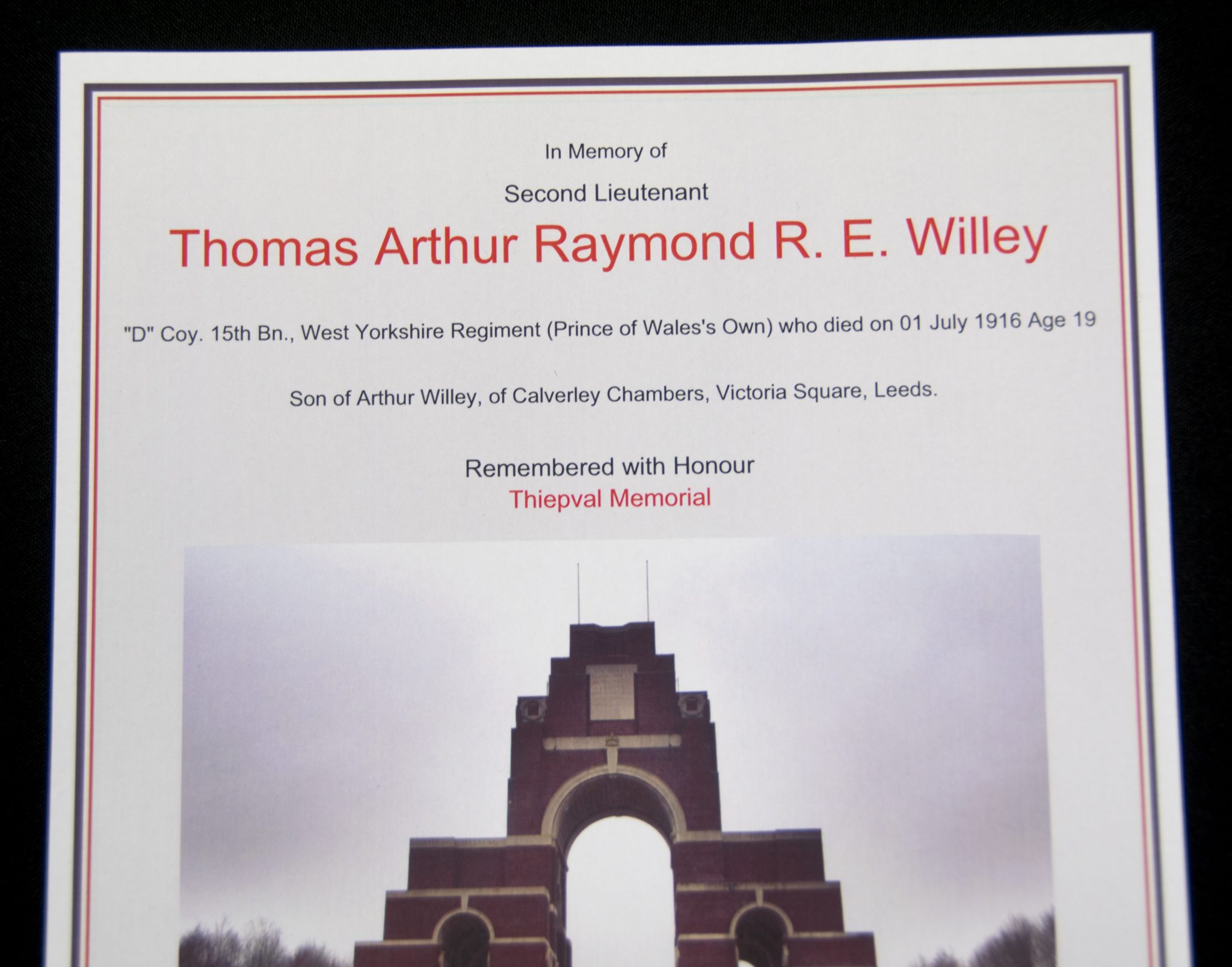 (British Army) First Day of the Somme 1 July Two commemorative frames of Thomas Arthur Raymond R.E. Willey, "D" Coy, 15th Bn., West Yorkshire Regiment - Image 13