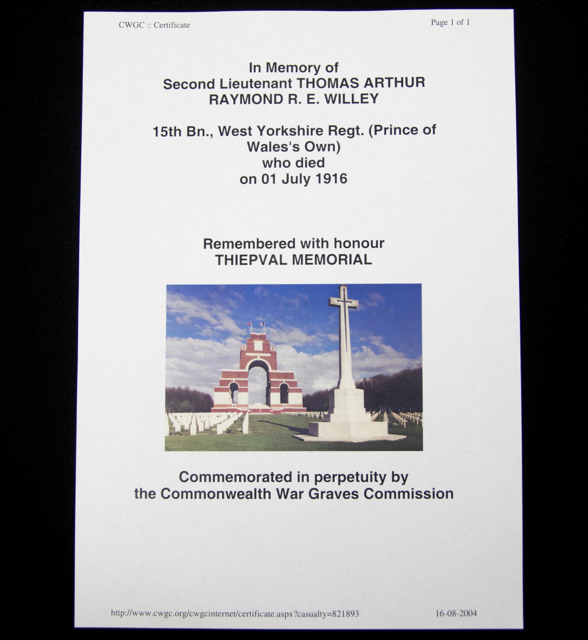 (British Army) First Day of the Somme 1 July Two commemorative frames of Thomas Arthur Raymond R.E. Willey, "D" Coy, 15th Bn., West Yorkshire Regiment - Image 15