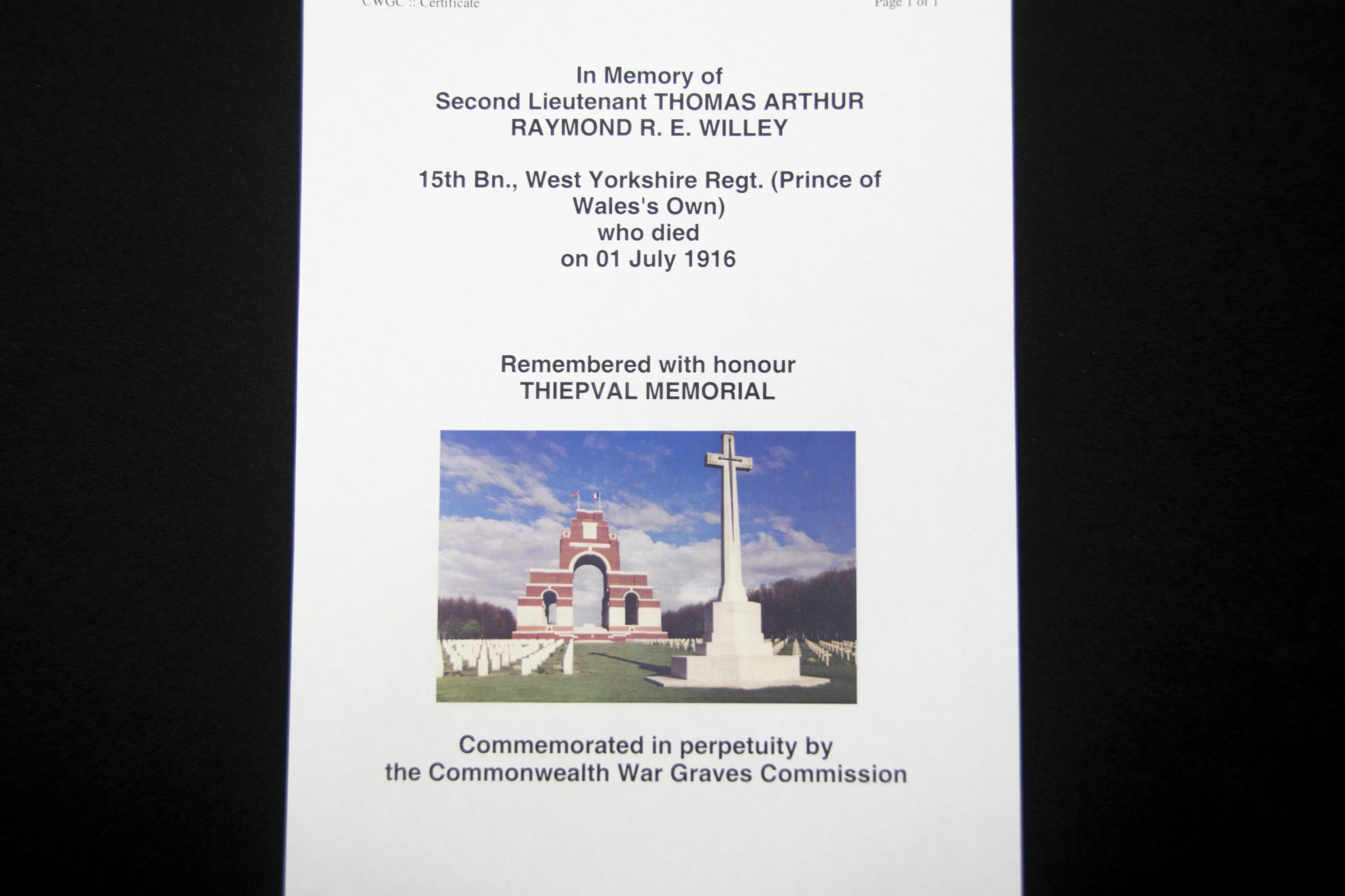 (British Army) First Day of the Somme 1 July Two commemorative frames of Thomas Arthur Raymond R.E. Willey, "D" Coy, 15th Bn., West Yorkshire Regiment - Image 16