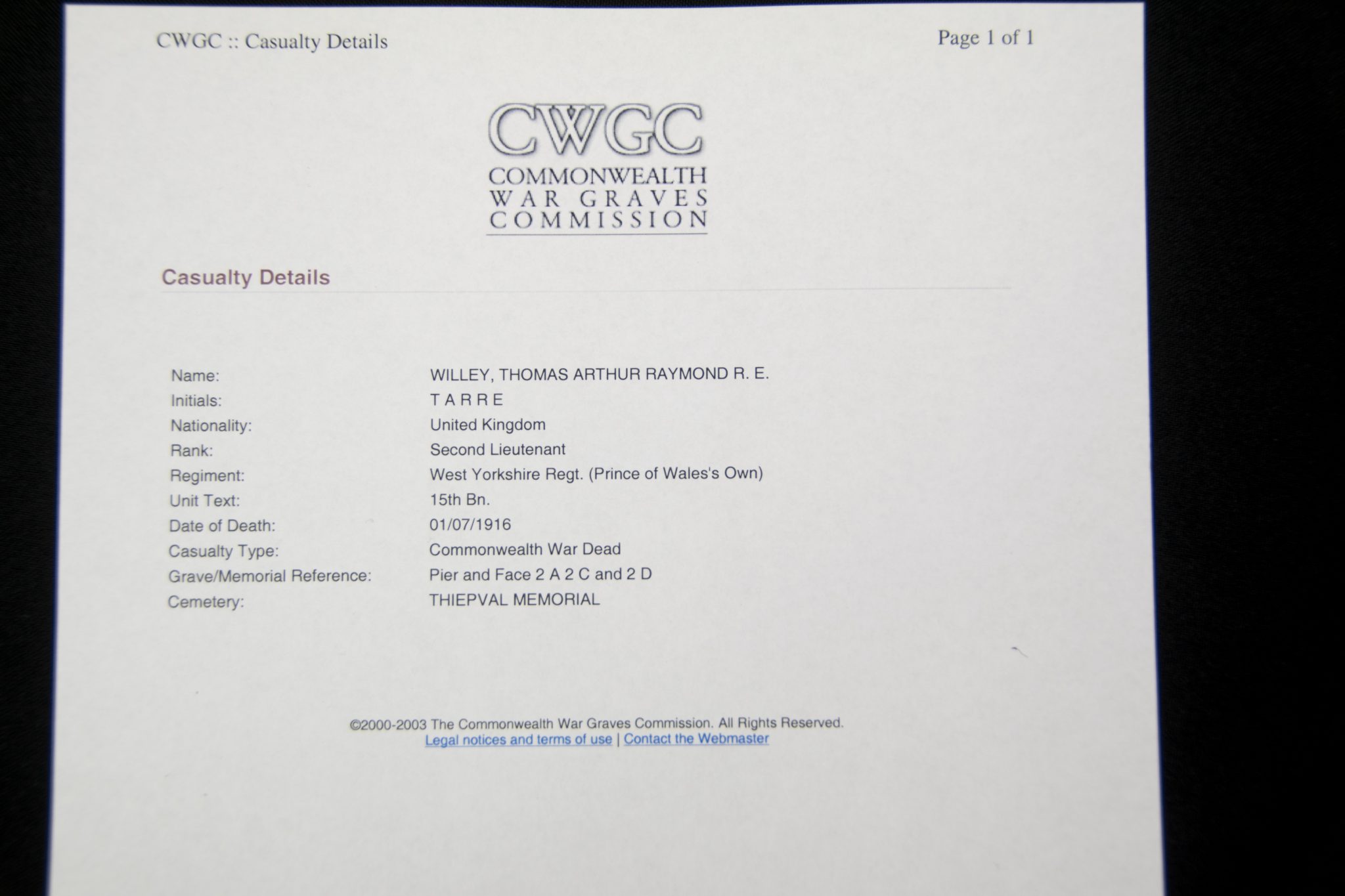 (British Army) First Day of the Somme 1 July Two commemorative frames of Thomas Arthur Raymond R.E. Willey, "D" Coy, 15th Bn., West Yorkshire Regiment - Image 17