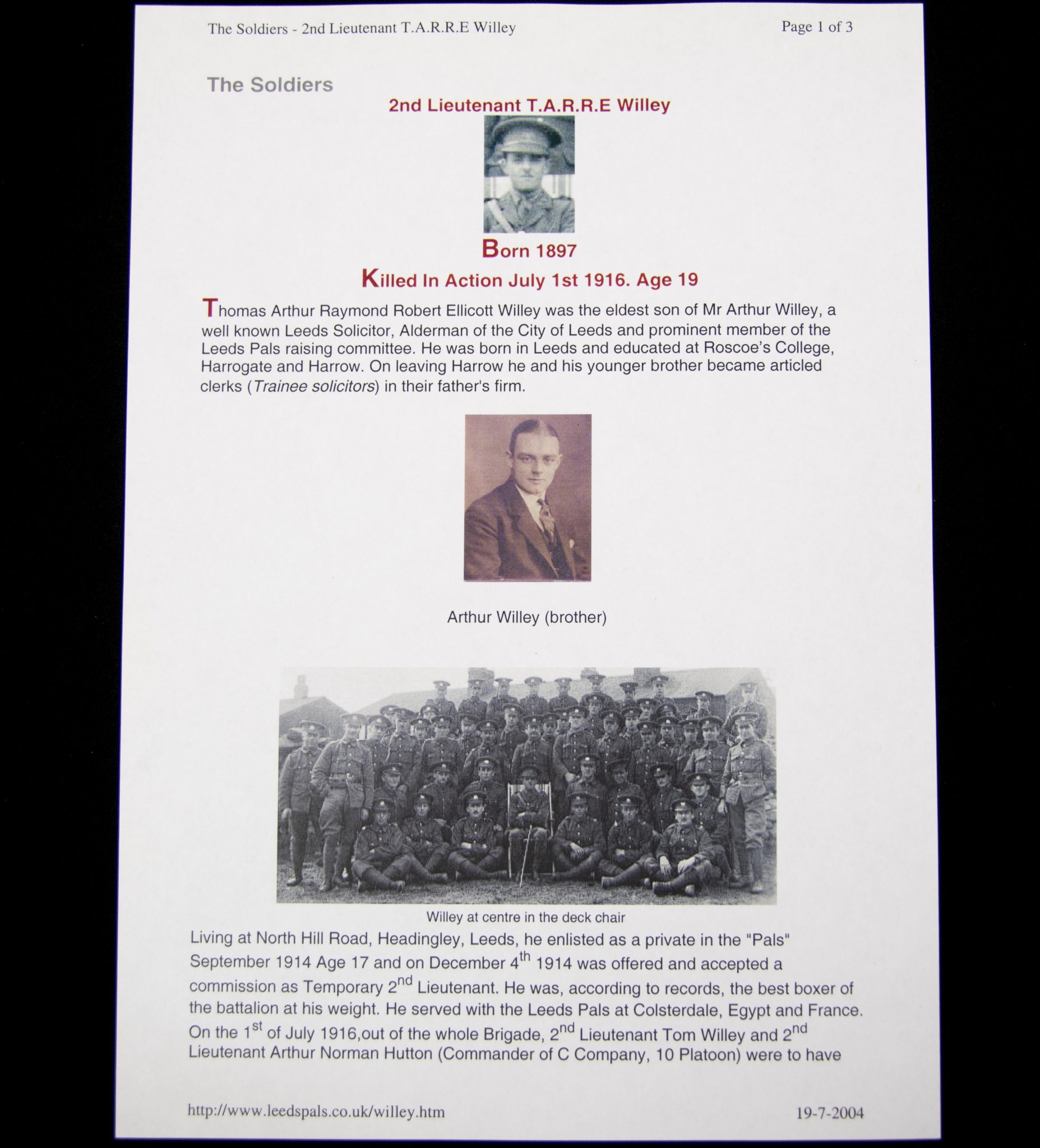 (British Army) First Day of the Somme 1 July Two commemorative frames of Thomas Arthur Raymond R.E. Willey, "D" Coy, 15th Bn., West Yorkshire Regiment - Image 18