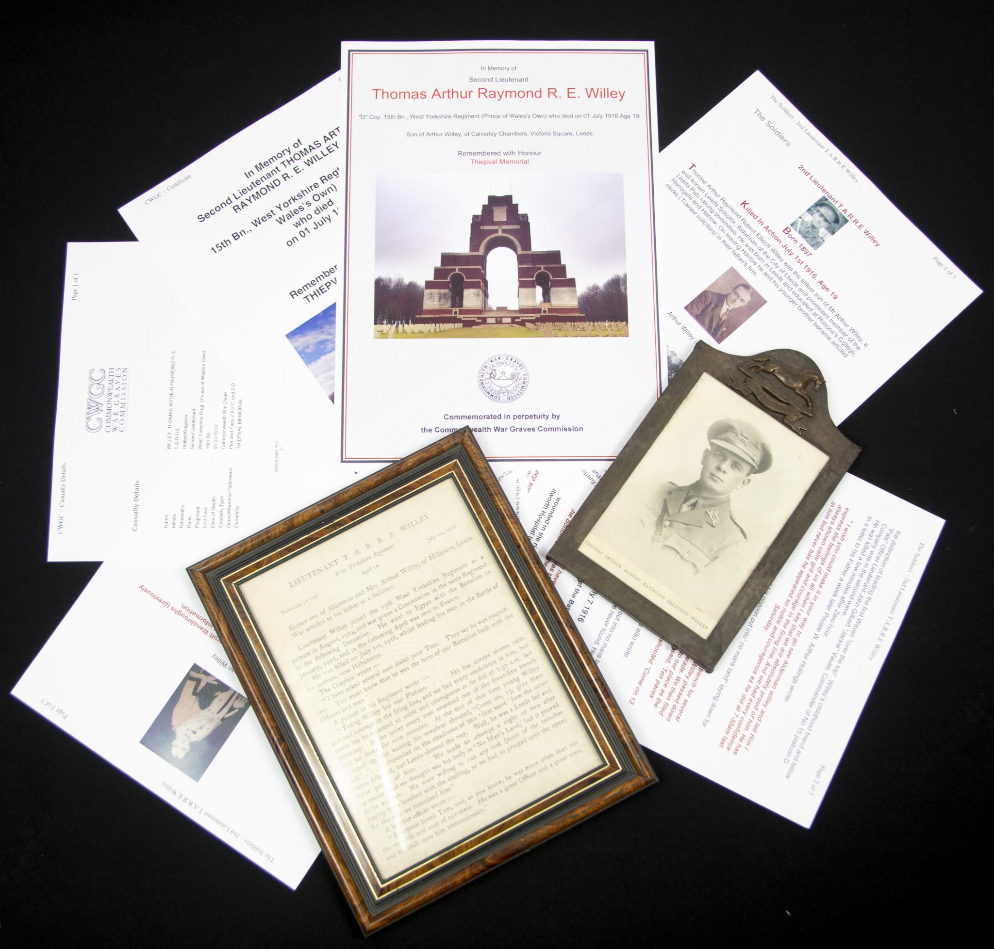 (British Army) First Day of the Somme 1 July Two commemorative frames of Thomas Arthur Raymond R.E. Willey, D Coy, 15th Bn., West Yorkshire Regiment