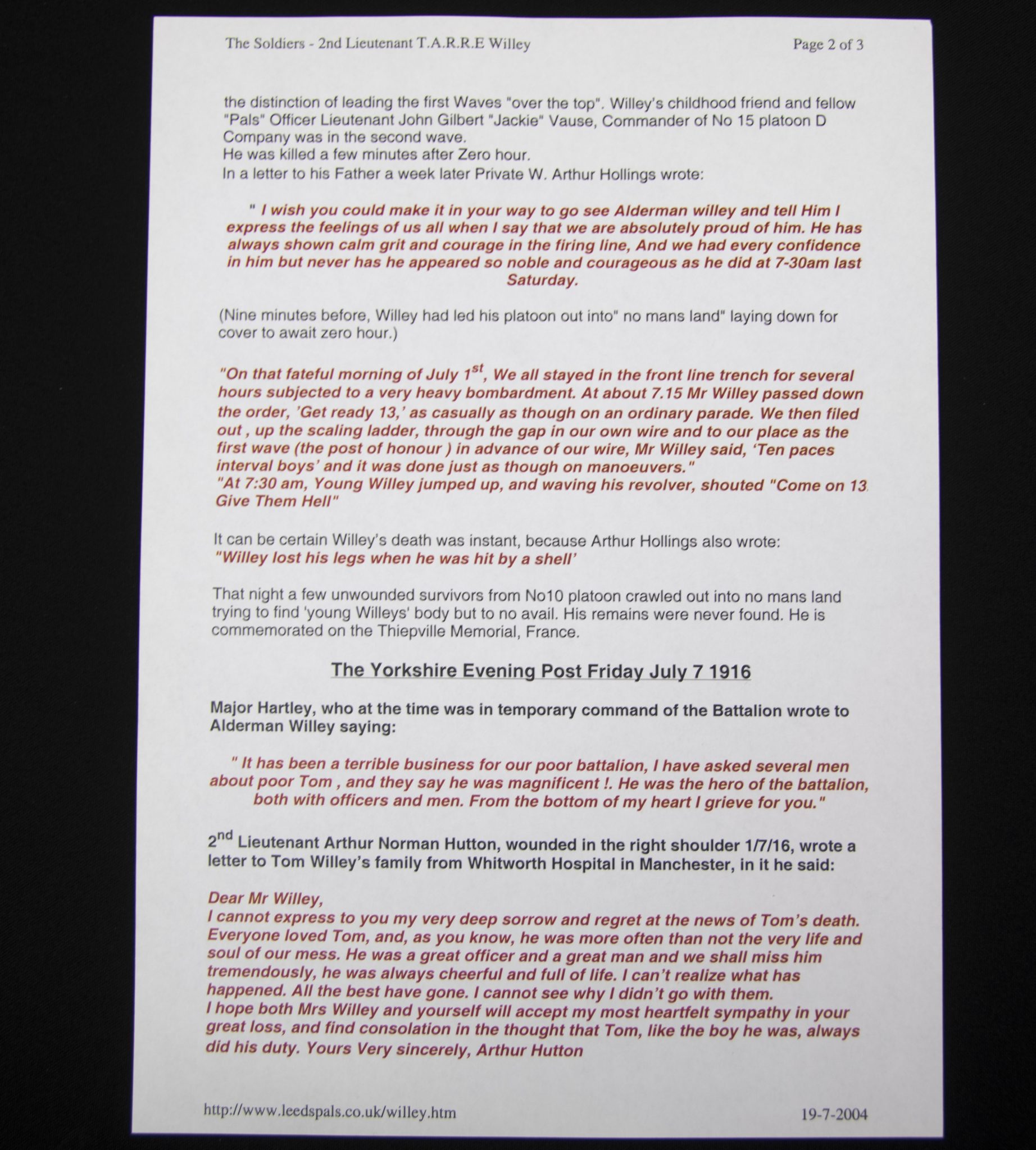 (British Army) First Day of the Somme 1 July Two commemorative frames of Thomas Arthur Raymond R.E. Willey, "D" Coy, 15th Bn., West Yorkshire Regiment - Image 21