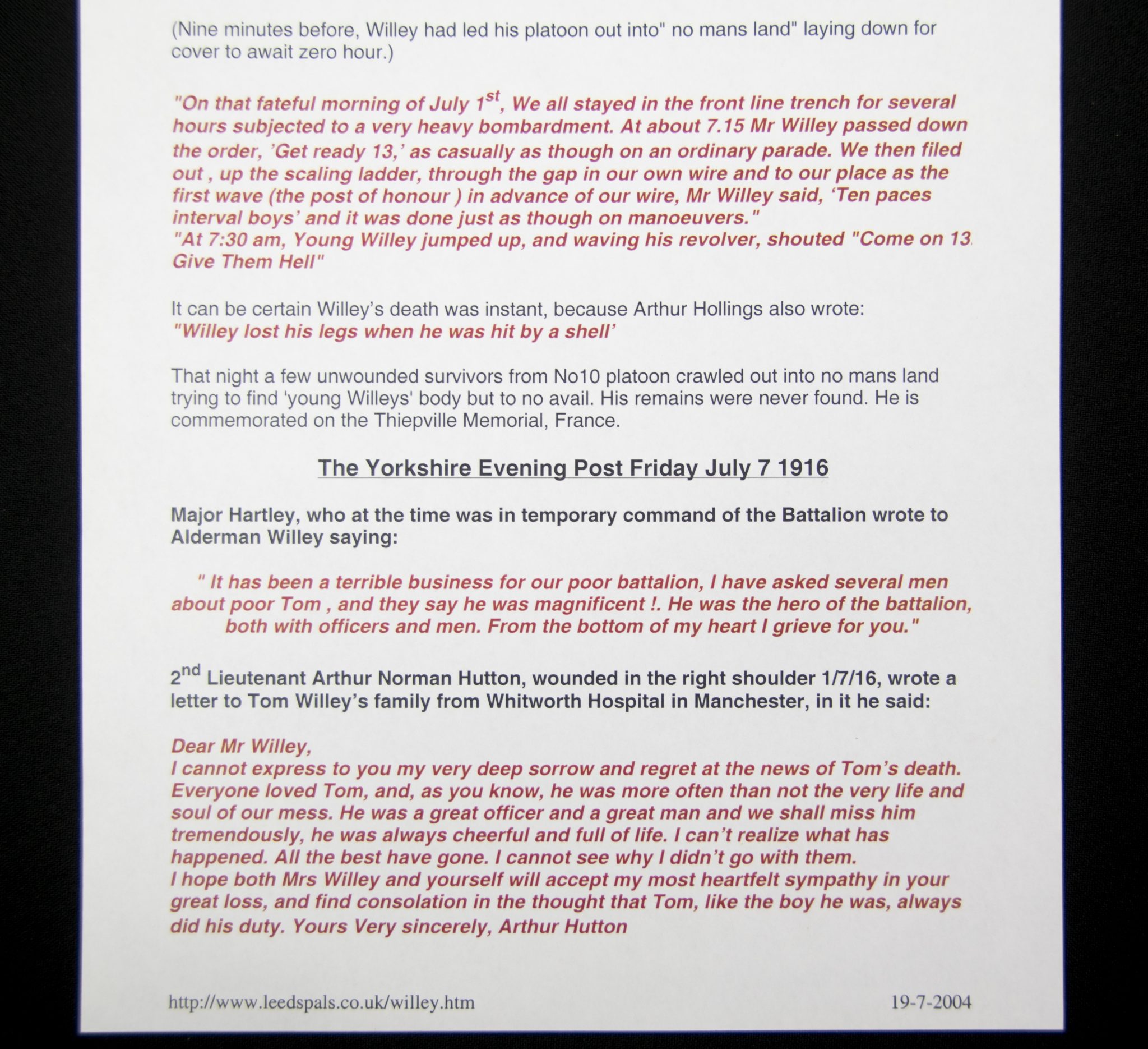 (British Army) First Day of the Somme 1 July Two commemorative frames of Thomas Arthur Raymond R.E. Willey, "D" Coy, 15th Bn., West Yorkshire Regiment - Image 23